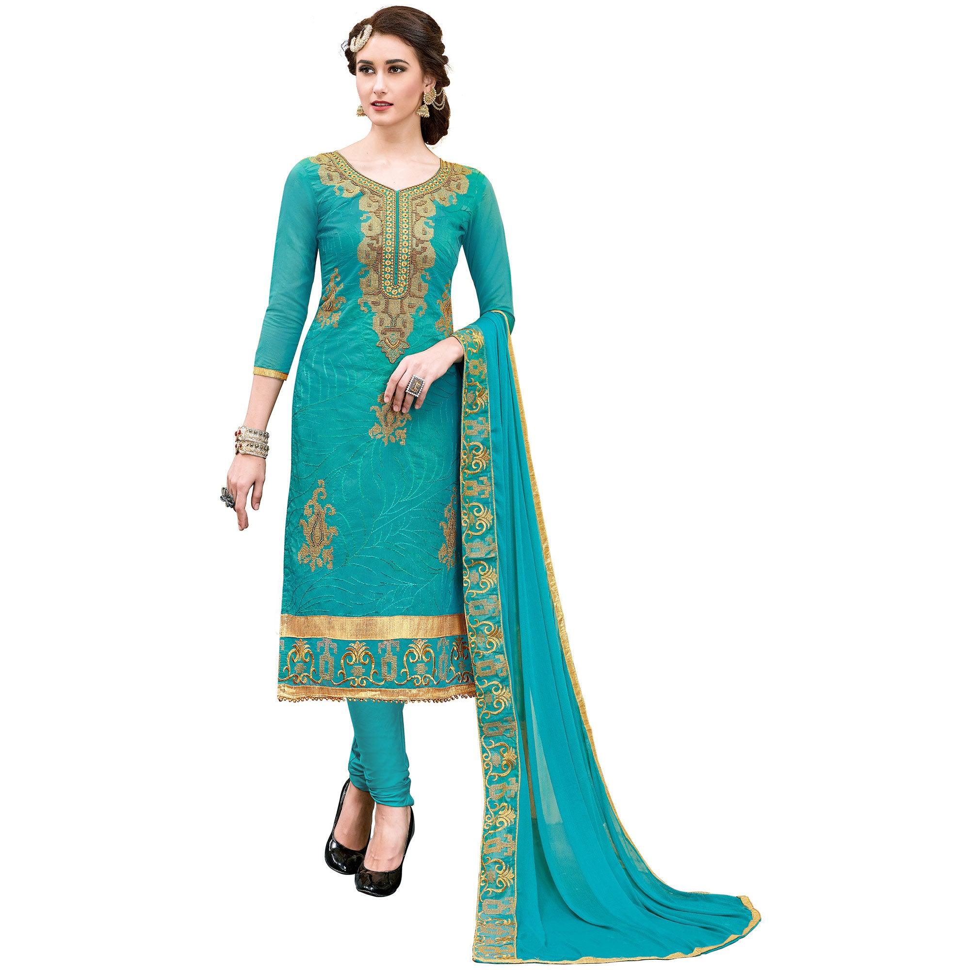 Intricate Rama Green Colored Party Wear Embroidered Modal Dress Material - Peachmode