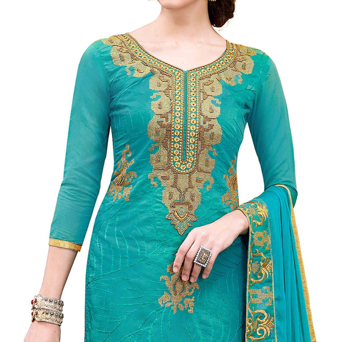 Intricate Rama Green Colored Party Wear Embroidered Modal Dress Material - Peachmode