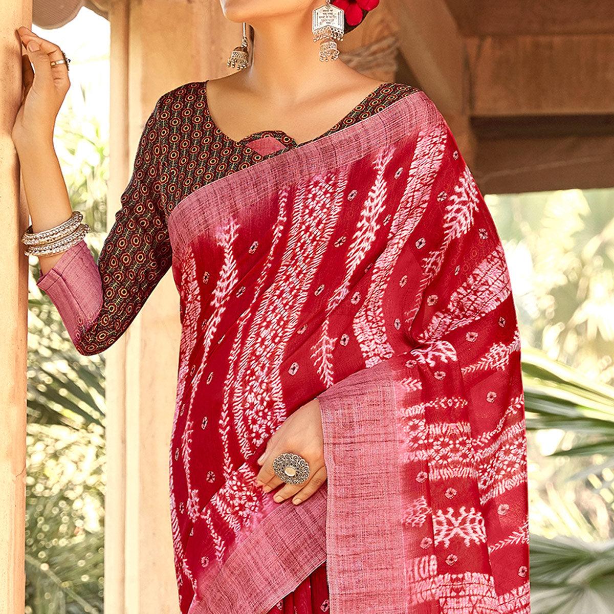 Intricate Red Colored Digital Printed Festive Wear Linen Designer Saree - Peachmode