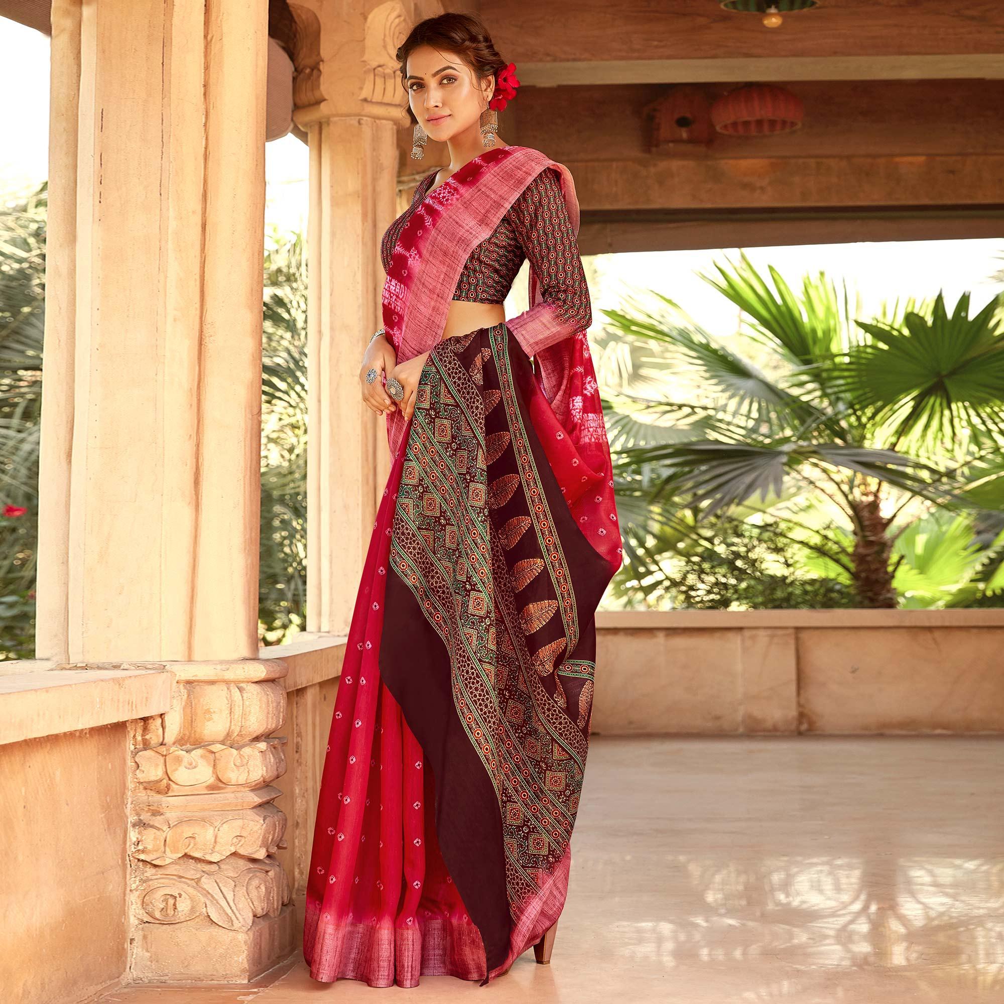 Intricate Red Colored Digital Printed Festive Wear Linen Designer Saree - Peachmode