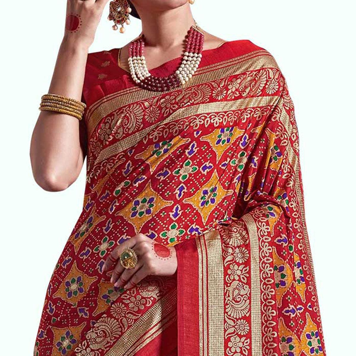 Intricate Red Colored Festive Wear Printed Kanjivaram Silk Saree - Peachmode