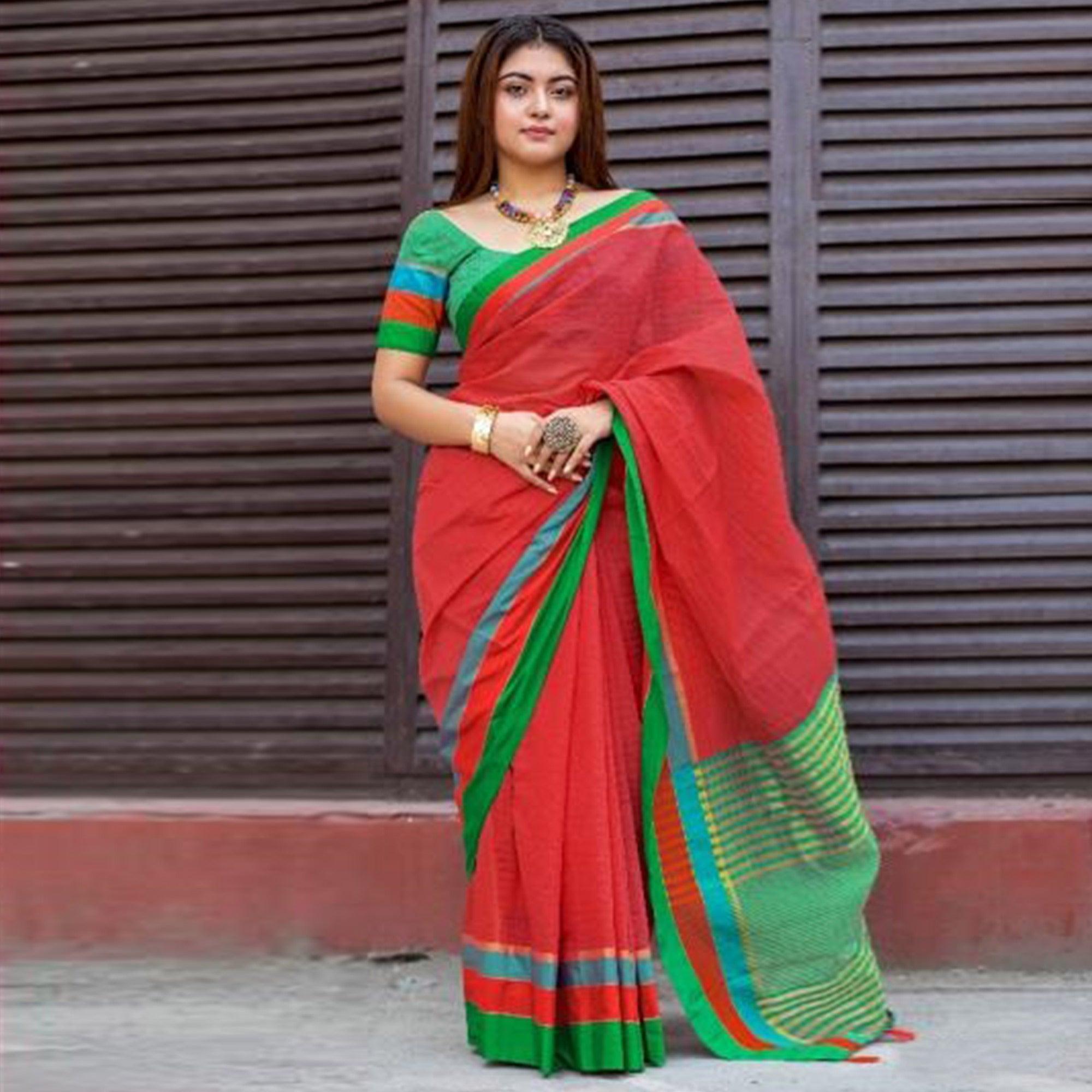 Intricate Red Colored Festive Wear Woven Cotton Saree - Peachmode