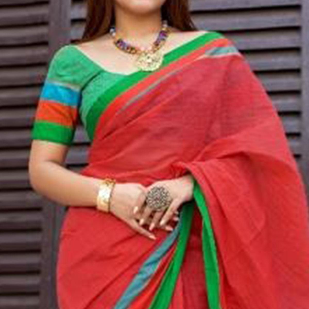 Intricate Red Colored Festive Wear Woven Cotton Saree - Peachmode