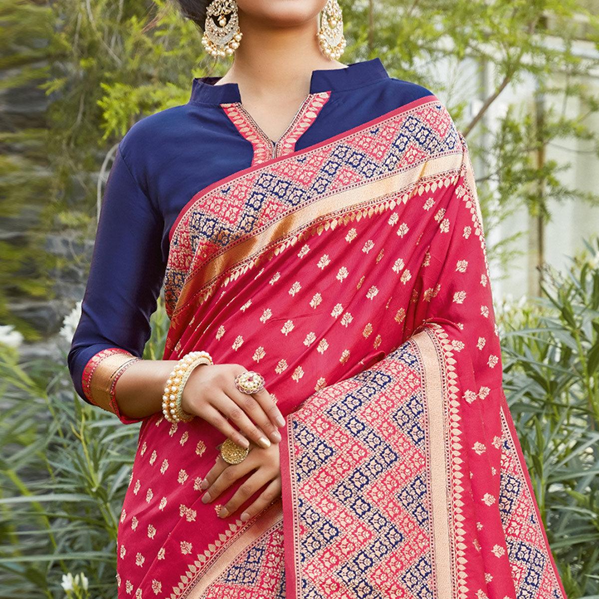 Intricate Red Colored Festive Wear Woven Silk Saree - Peachmode