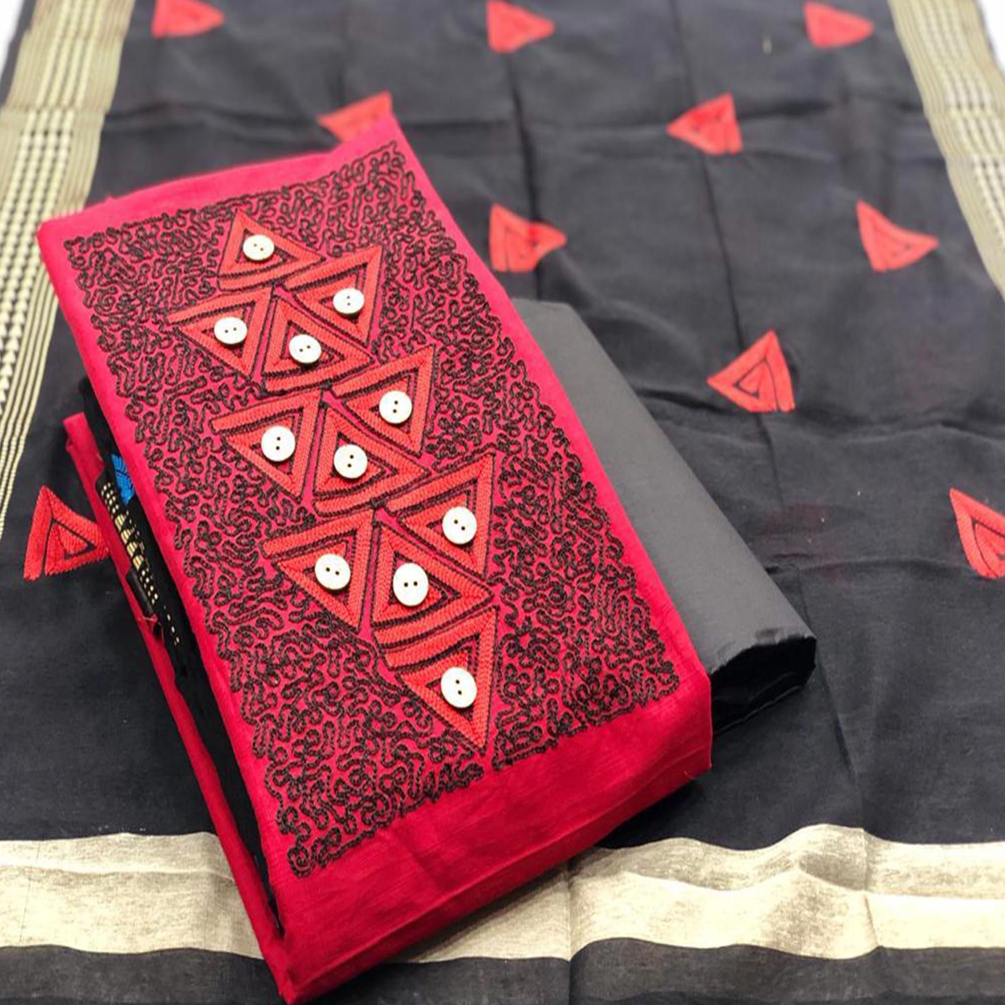 Intricate Red Coloured Casual Wear Embroidered Cotton Dress Material - Peachmode
