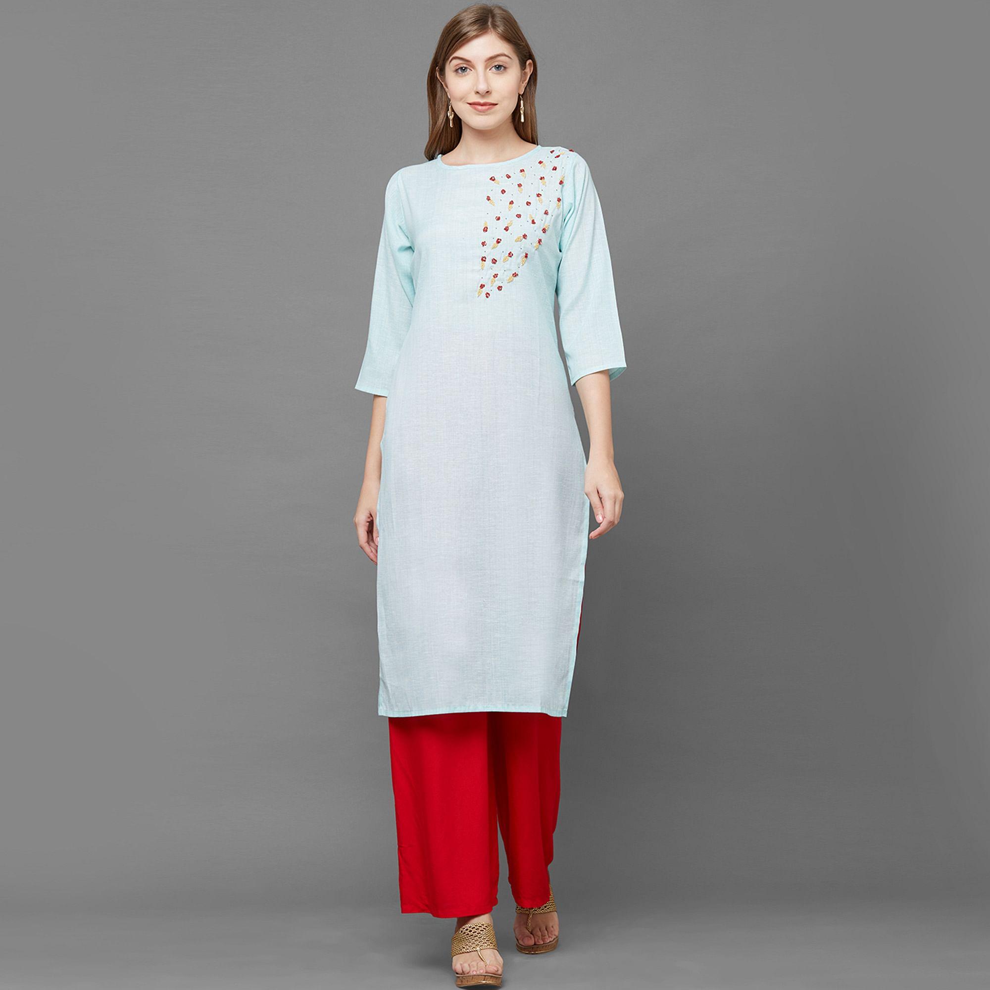 Intricate Sky Blue Colored Casual Hand Embroidered Cotton Kurti - Peachmode