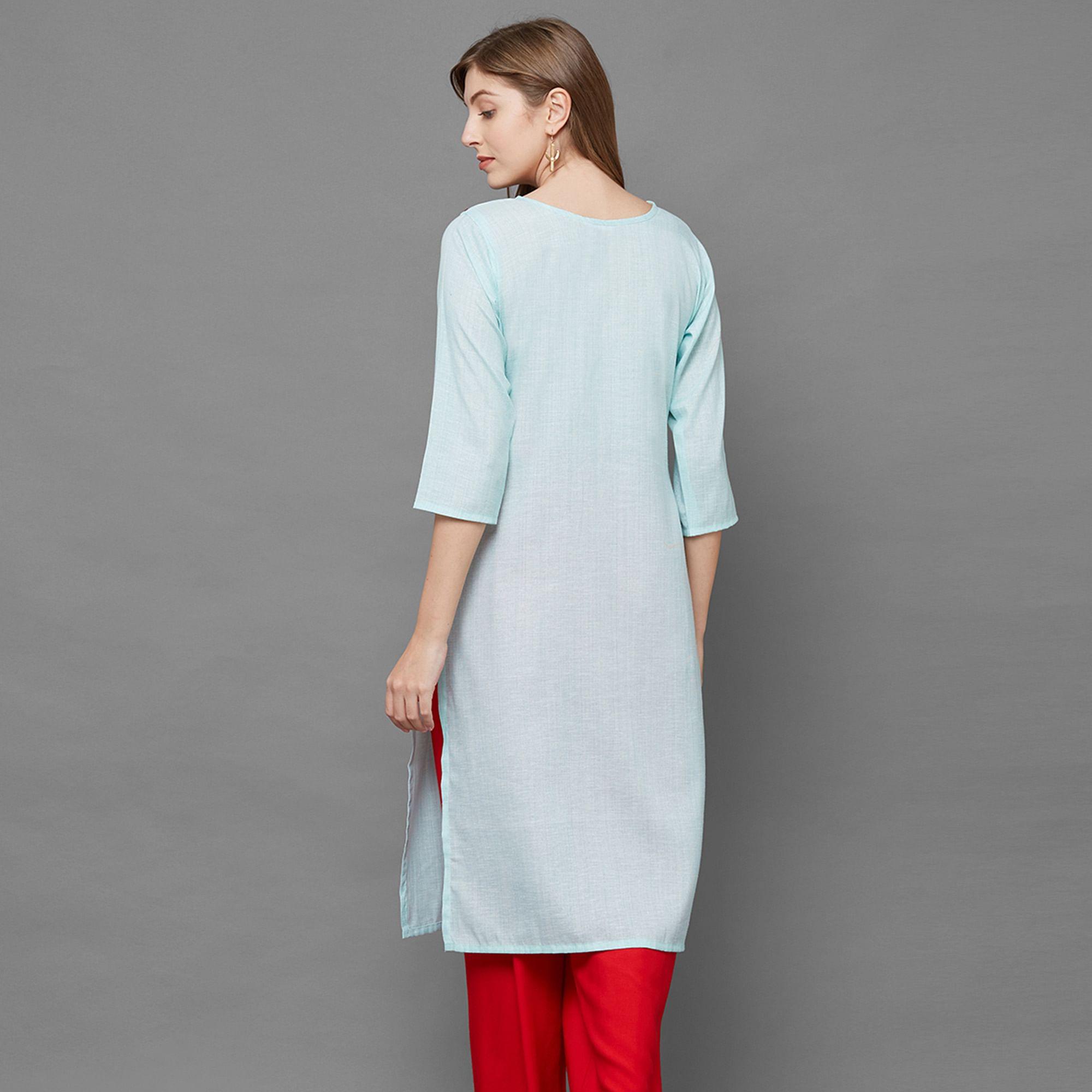 Intricate Sky Blue Colored Casual Hand Embroidered Cotton Kurti - Peachmode