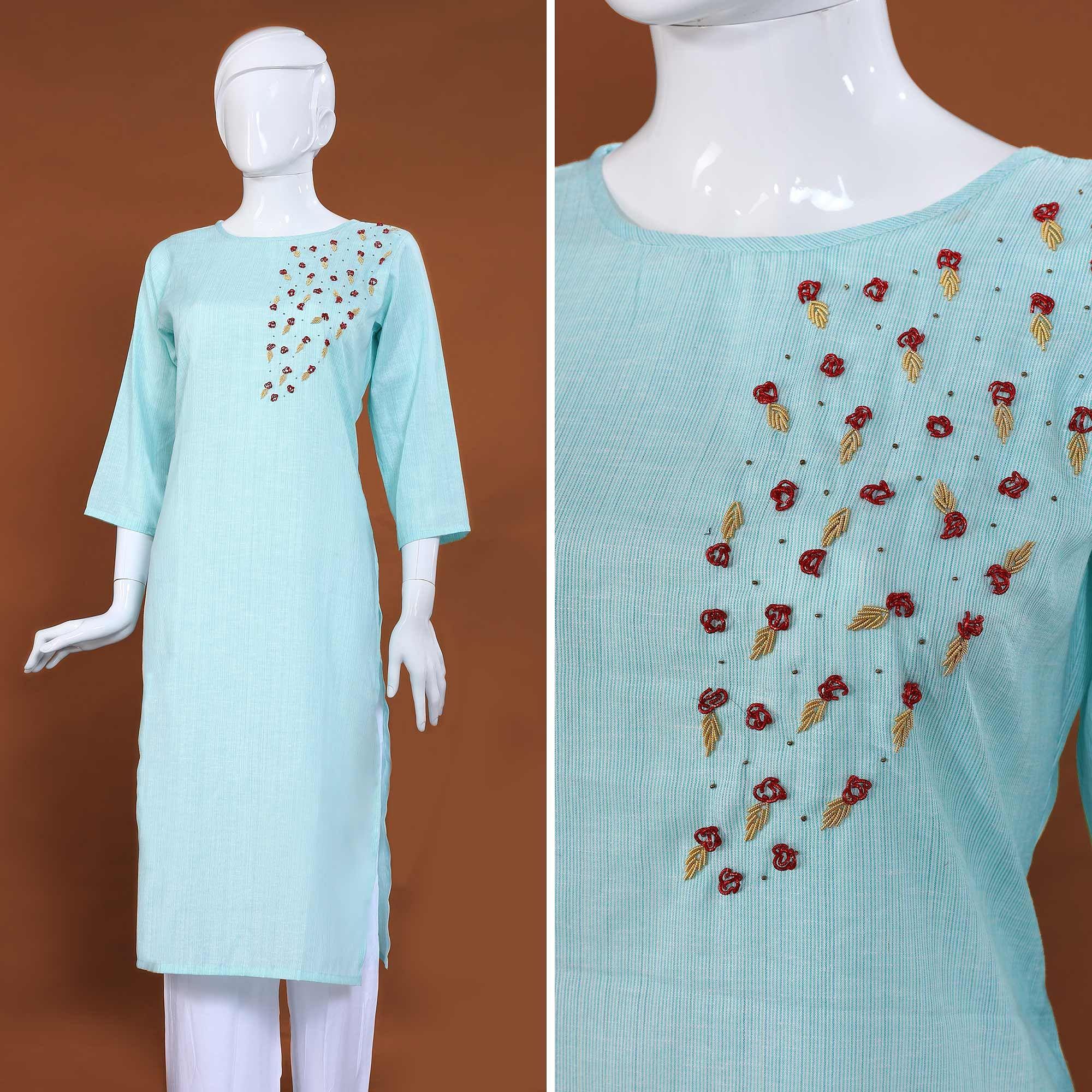 Intricate Sky Blue Colored Casual Hand Embroidered Cotton Kurti - Peachmode