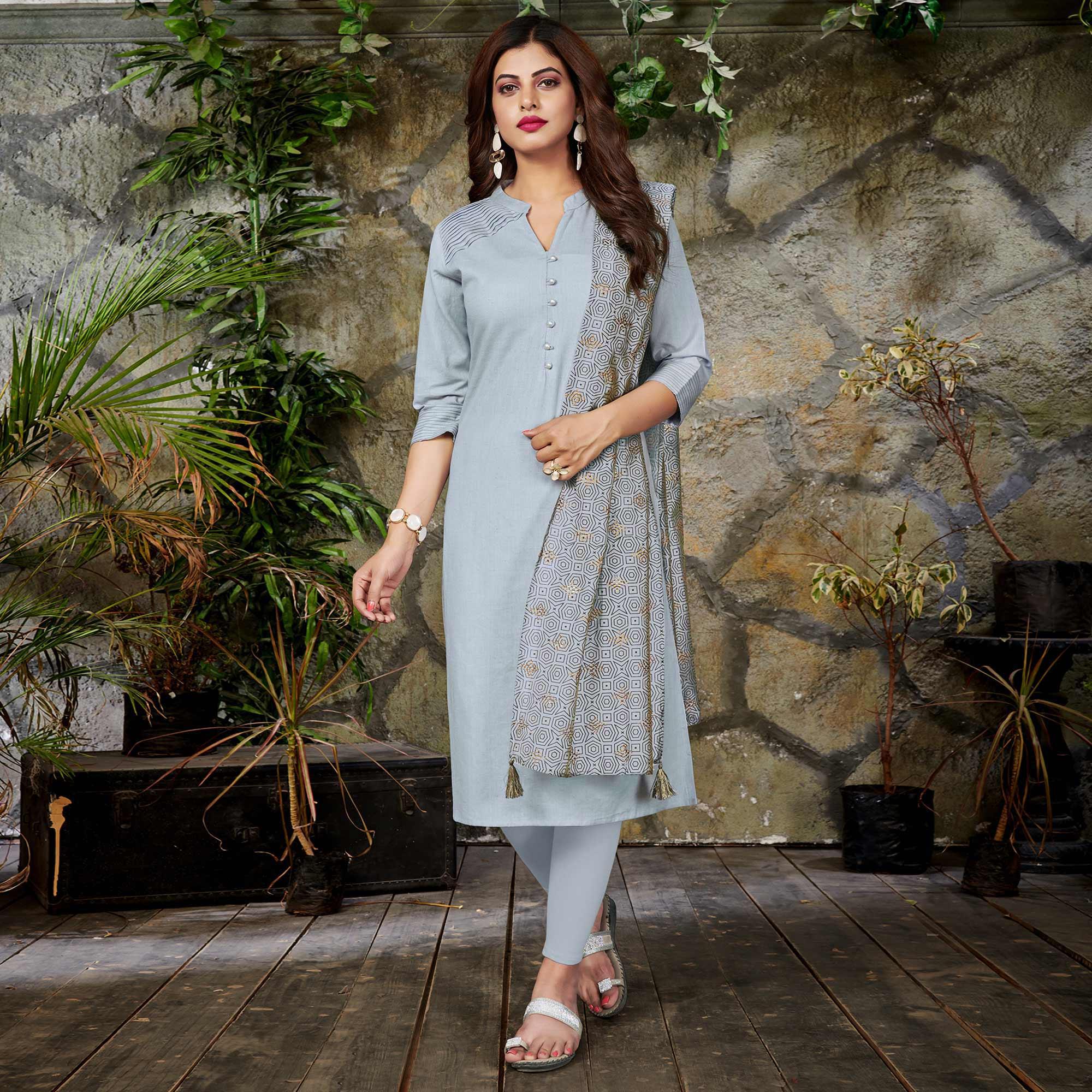 Intricate White Colored Casual Wear Cotton Kurti With Dupatta - Peachmode