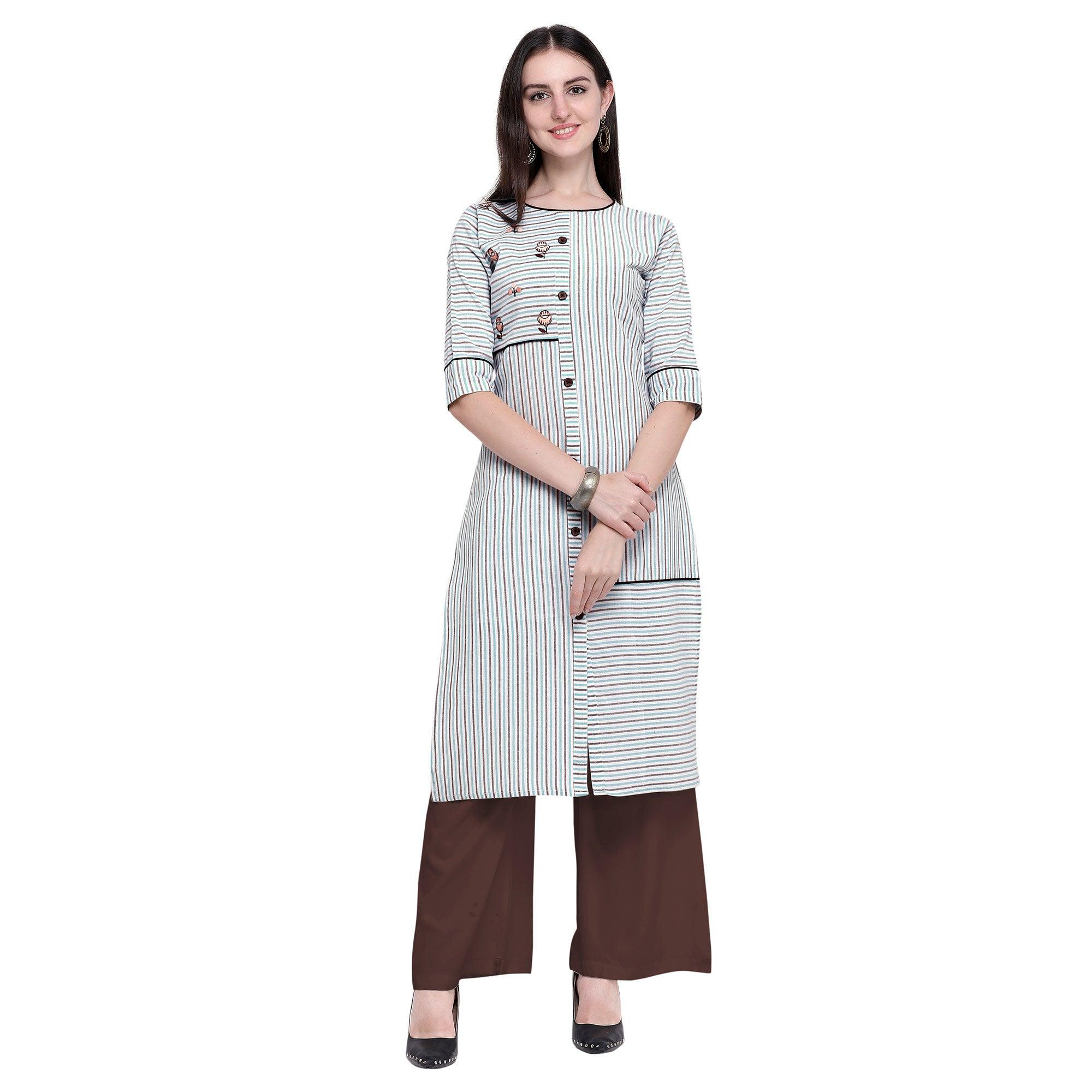 Intricate White Colored Casual Wear Embroidered Cotton Kurti-Palazzo Set - Peachmode