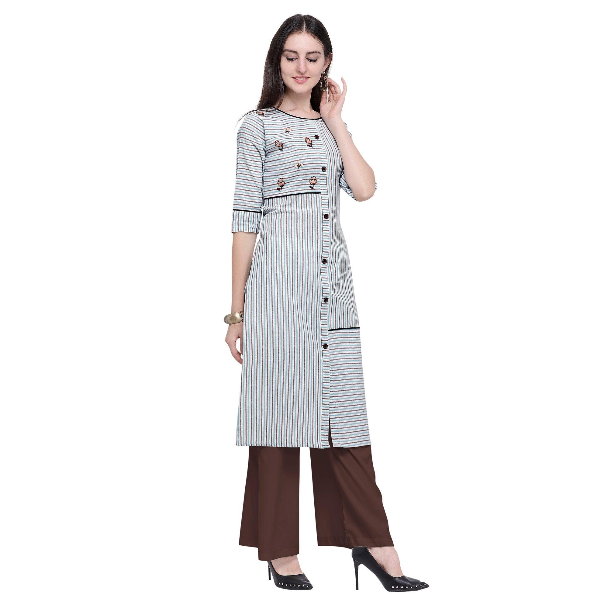 Intricate White Colored Casual Wear Embroidered Cotton Kurti-Palazzo Set - Peachmode