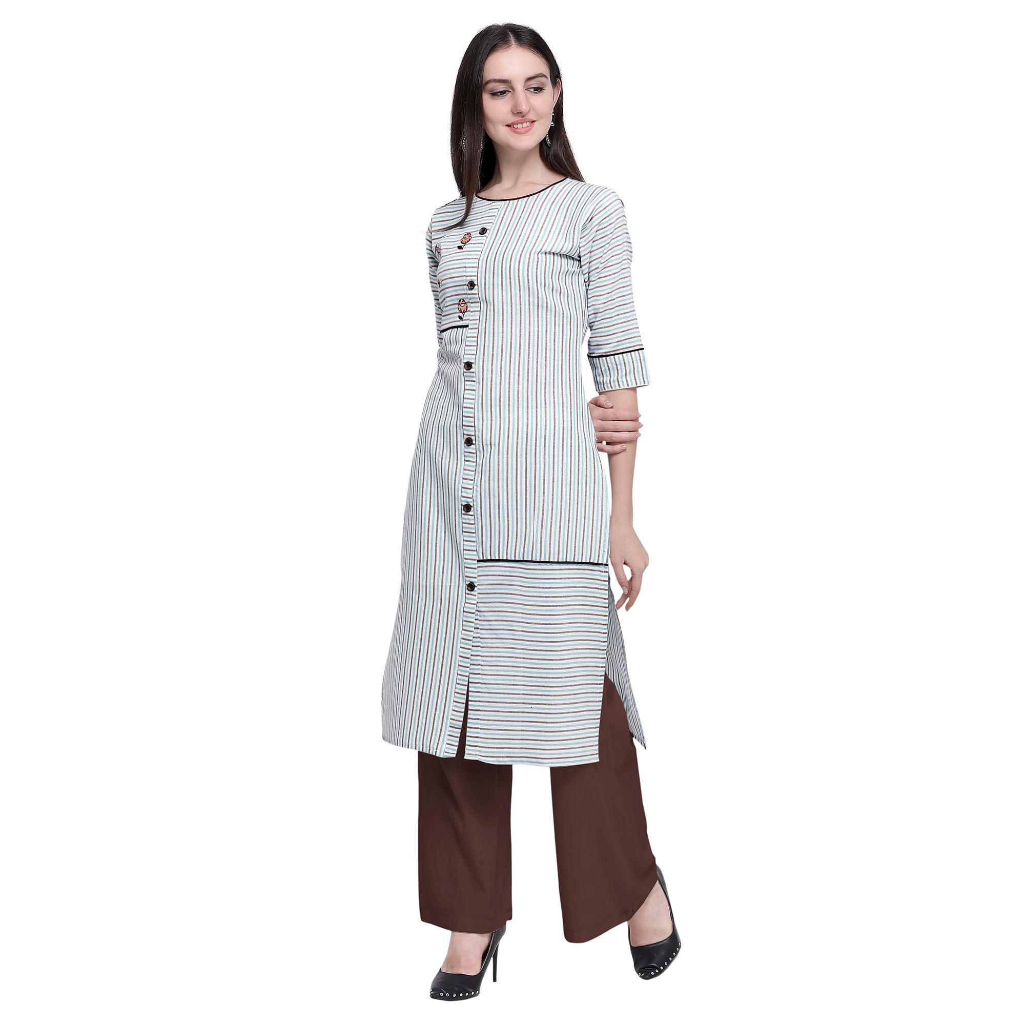 Intricate White Colored Casual Wear Embroidered Cotton Kurti-Palazzo Set - Peachmode