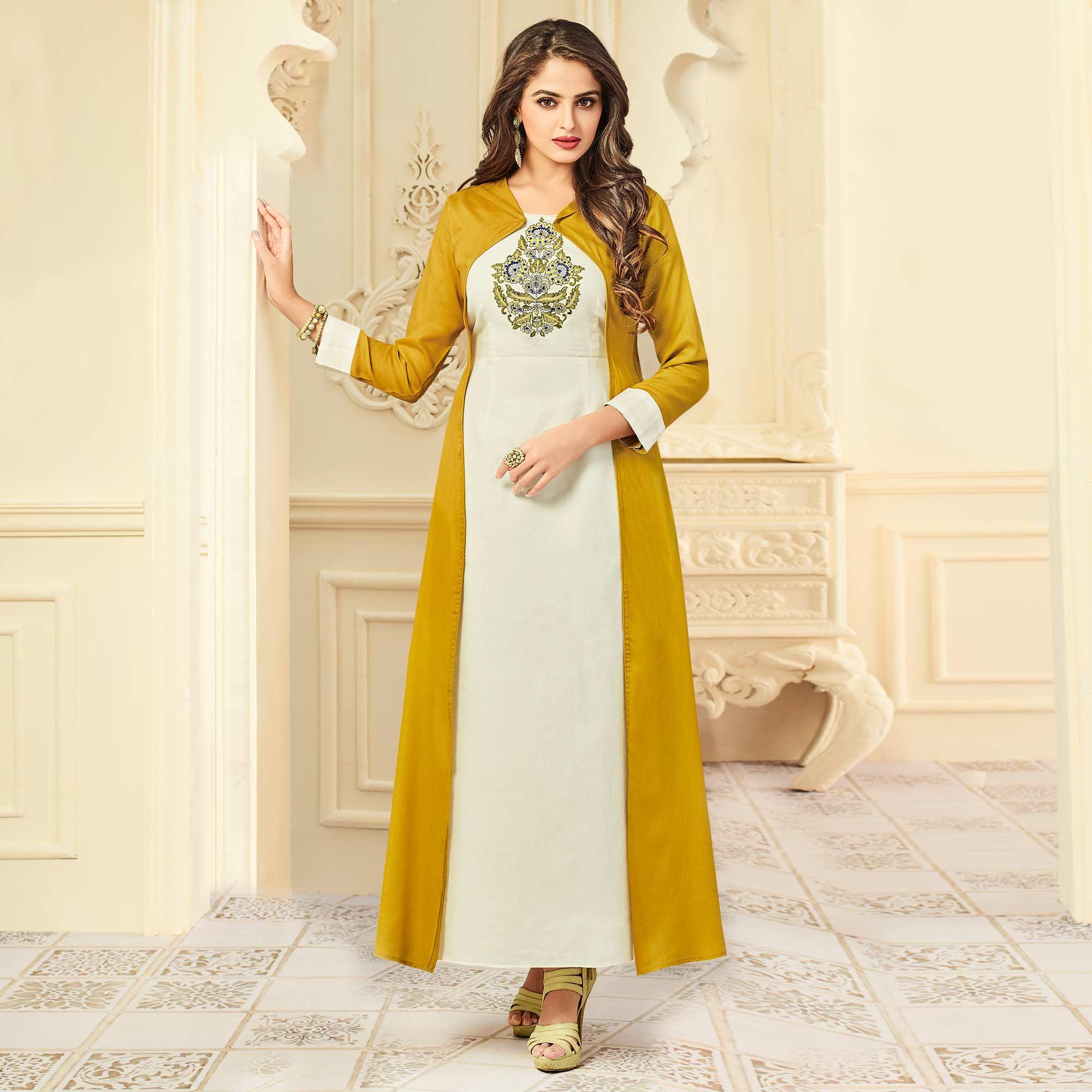Intricate White-Mustard Yellow Colored Party Wear Floral Embroidered Rayon Kurti - Peachmode