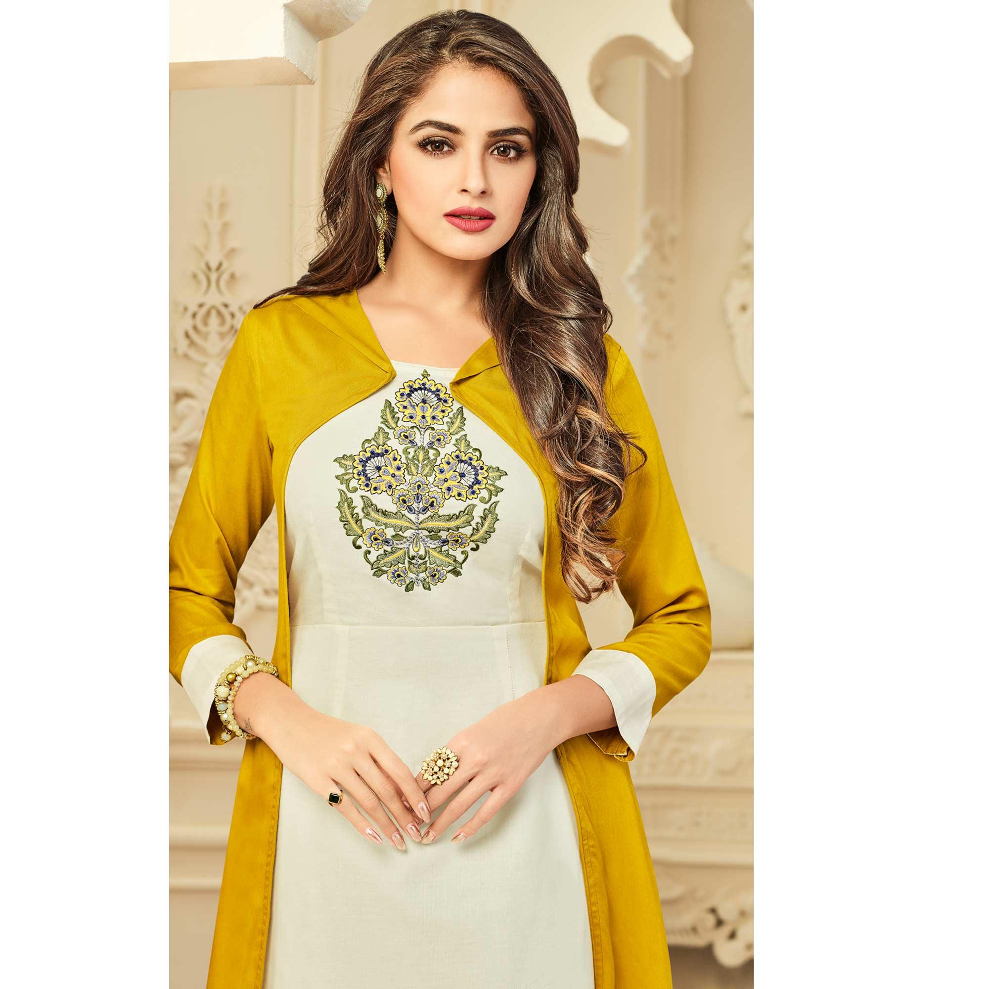 Intricate White-Mustard Yellow Colored Party Wear Floral Embroidered Rayon Kurti - Peachmode