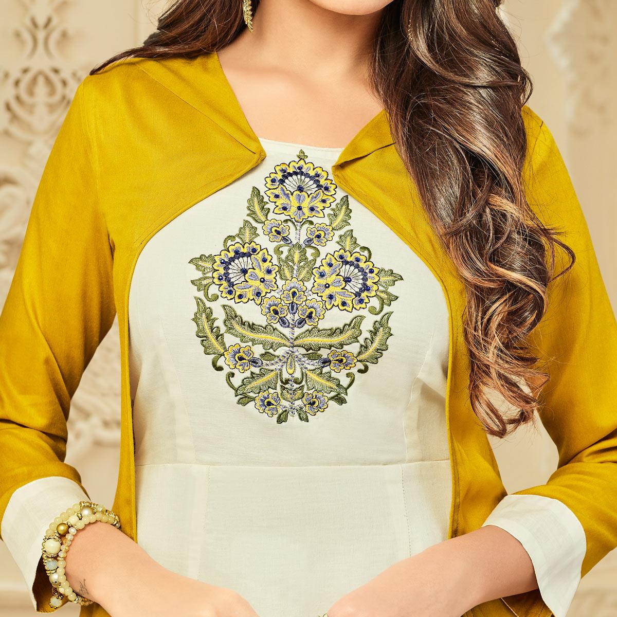 Intricate White-Mustard Yellow Colored Party Wear Floral Embroidered Rayon Kurti - Peachmode