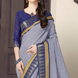 Intricate White-Navy Blue Colored Casual Printed Bhagalpuri Silk Saree - Peachmode