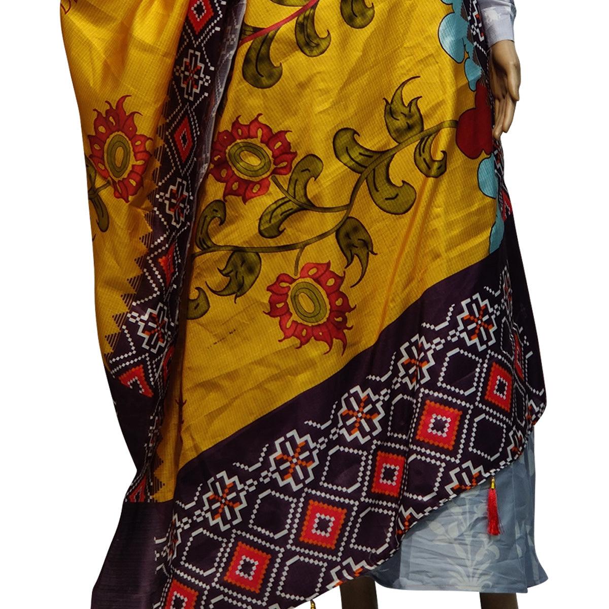 Intricate Yellow Colored Casual Wear Printed Cotton Silk Dupatta With Tassels - Peachmode