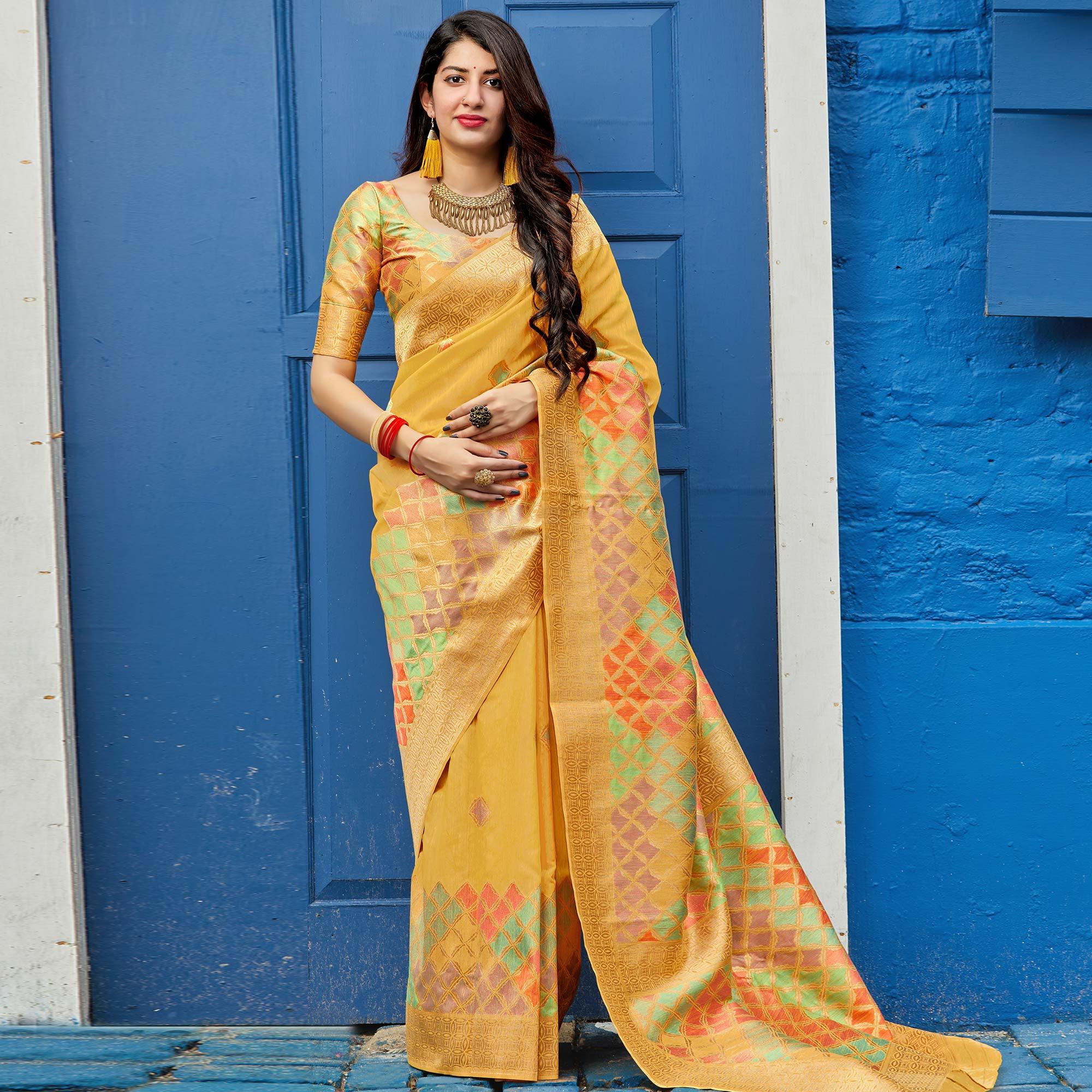 Intricate Yellow Colored Festive Wear Woven Silk Saree - Peachmode
