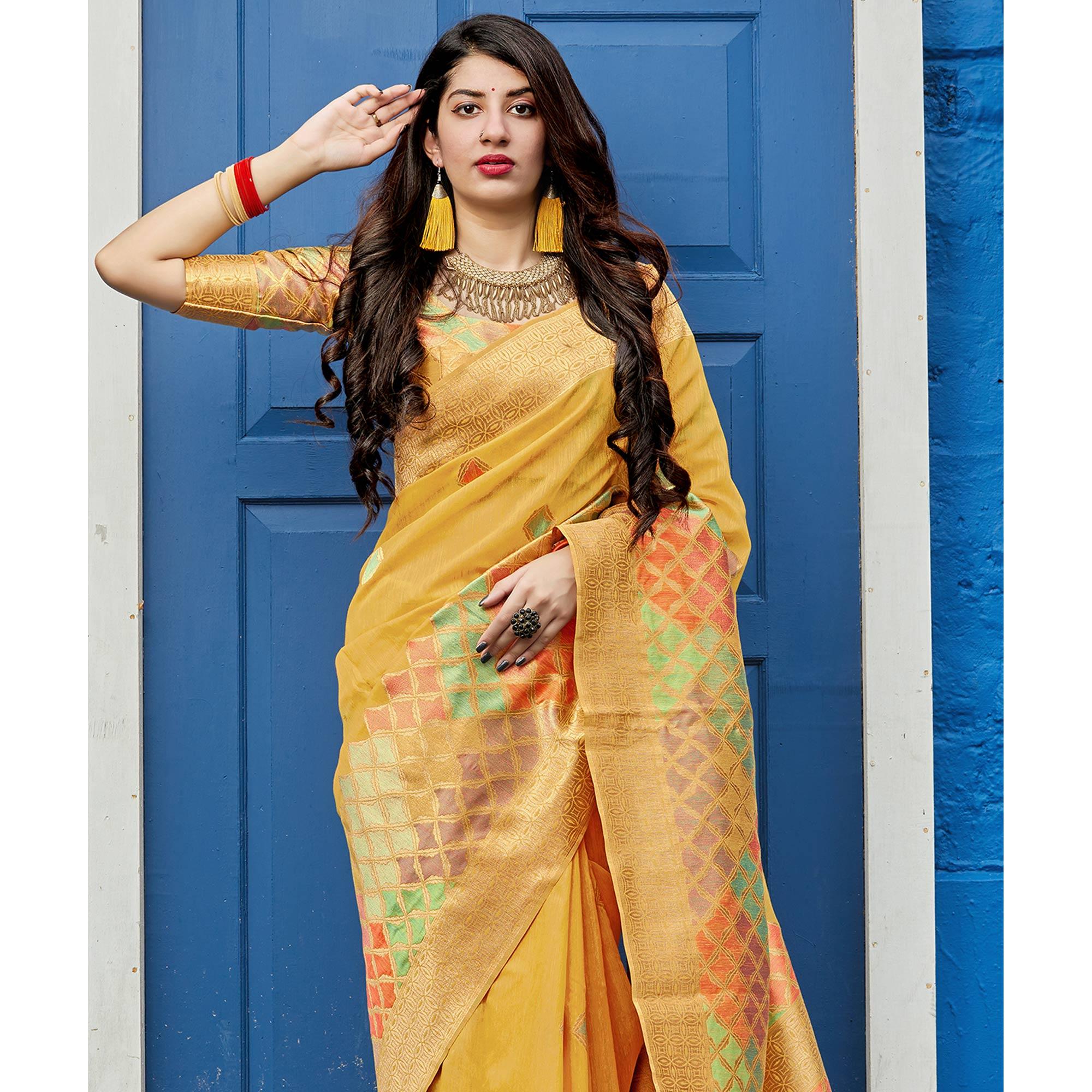 Intricate Yellow Colored Festive Wear Woven Silk Saree - Peachmode