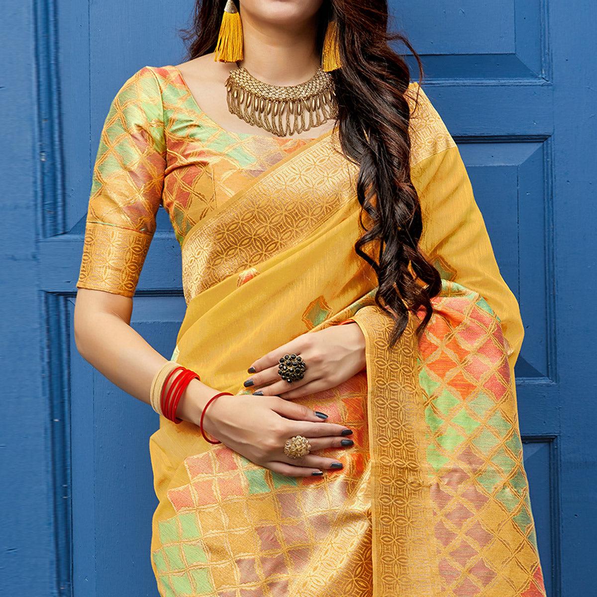 Intricate Yellow Colored Festive Wear Woven Silk Saree - Peachmode