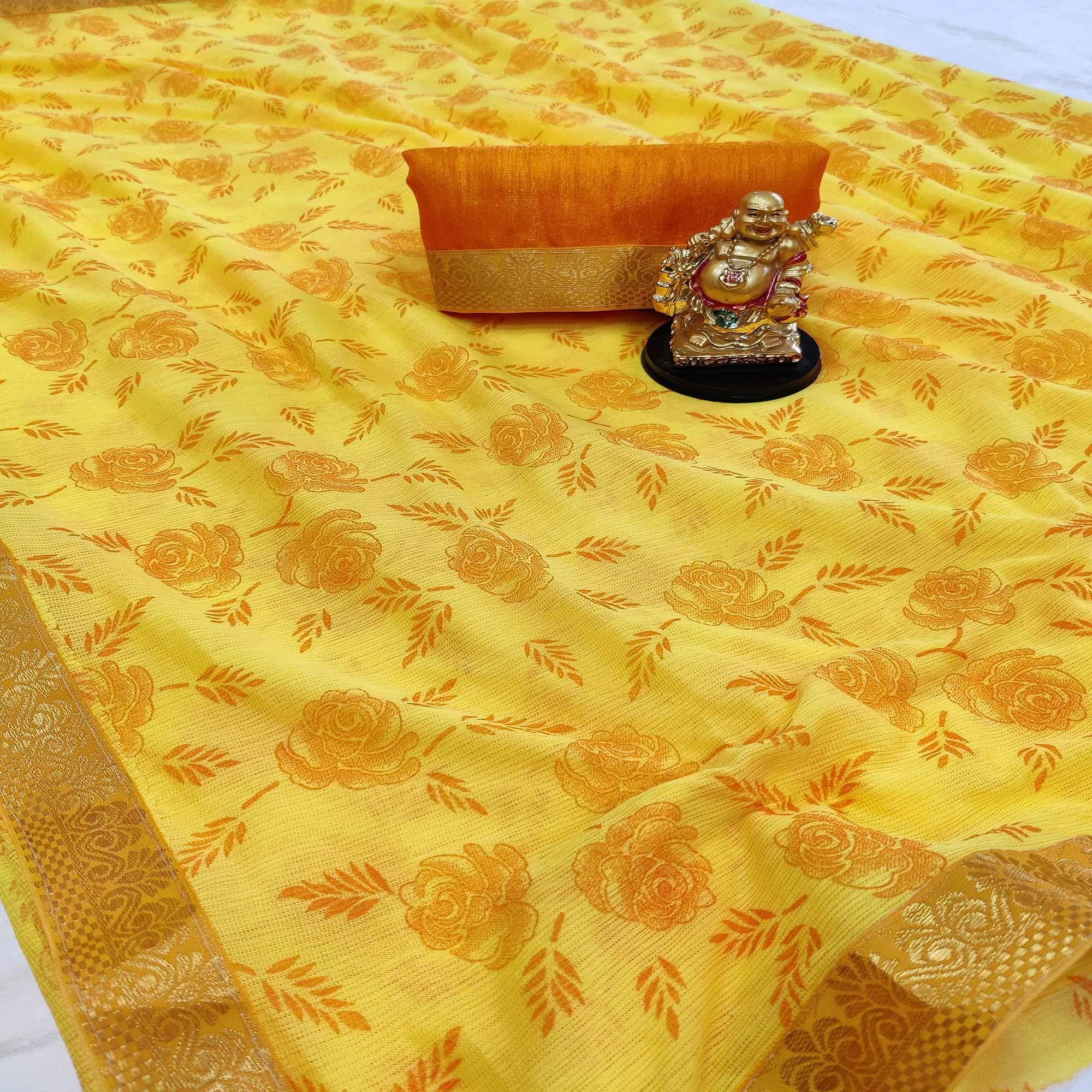 Intricate Yellow Coloured Casual Wear Printed Art Silk Saree - Peachmode