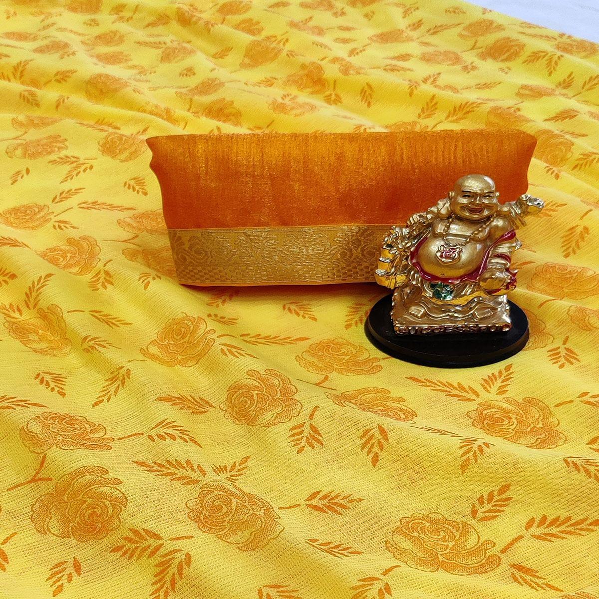 Intricate Yellow Coloured Casual Wear Printed Art Silk Saree - Peachmode