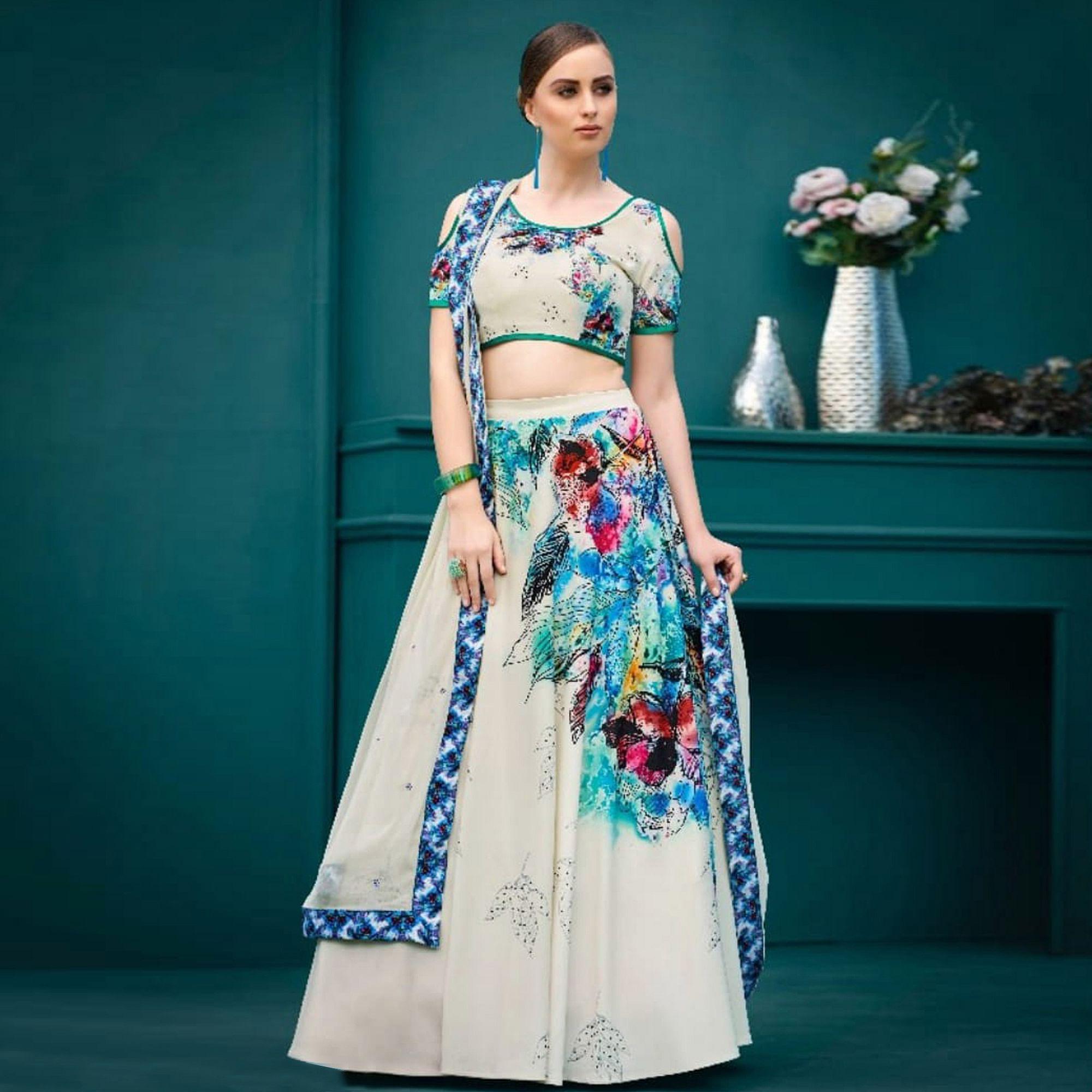 Invaluable Cream Colored Designer Partywear Digital Printed Silk Lehenga Choli - Peachmode