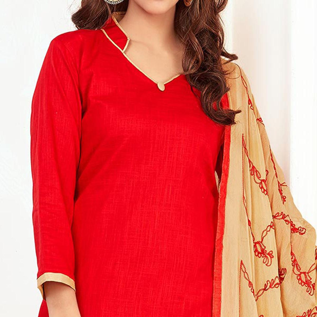 Invaluable Red Colored Casual Wear Cotton Suit - Peachmode