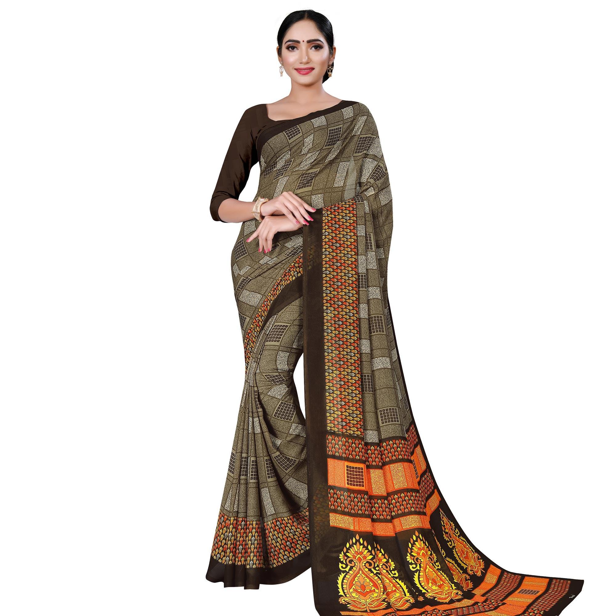 Jazzy Army Green Colored Casual Wear Printed Georgette Saree - Peachmode