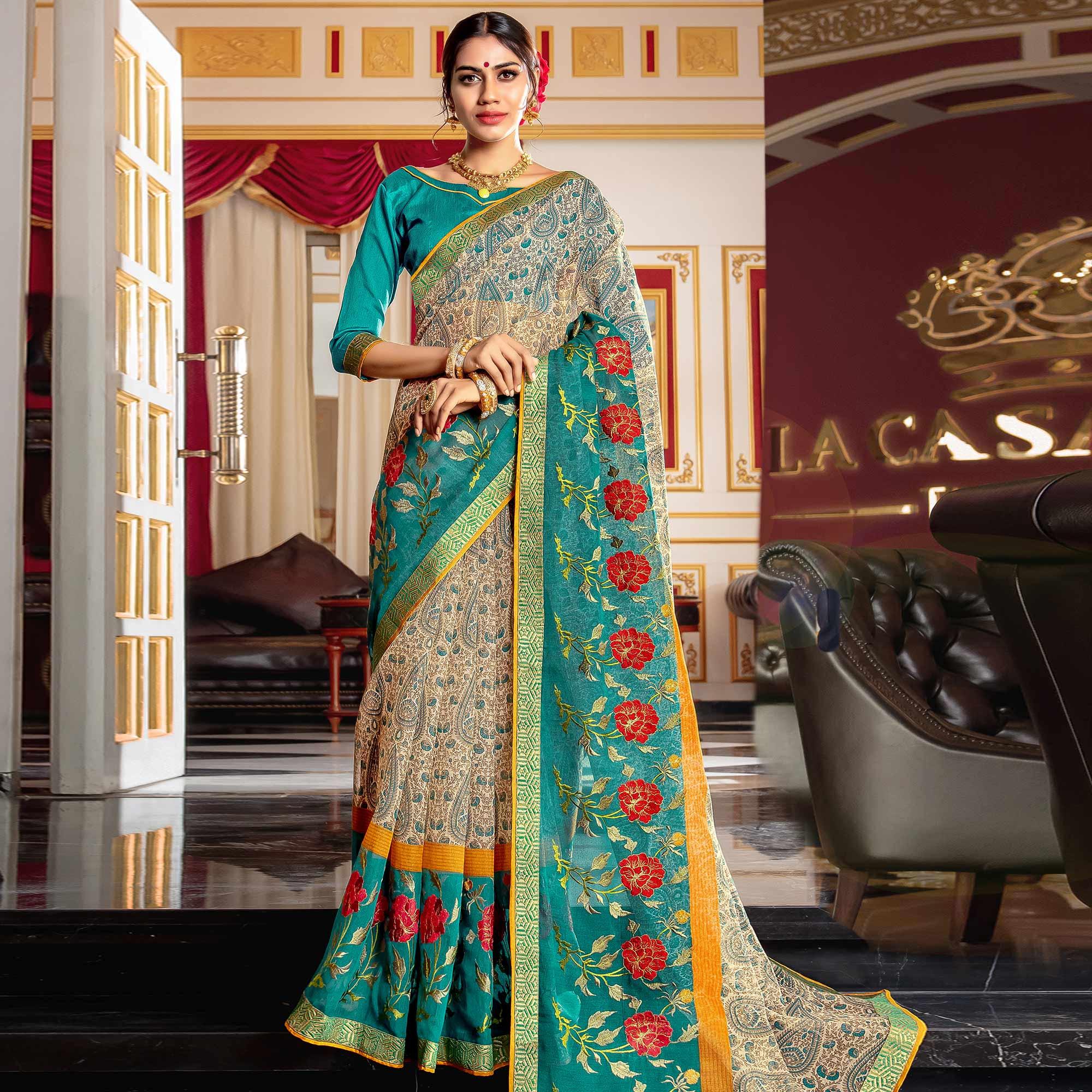 Jazzy Beige - Blue Colored Partywear Embroidered Silk Saree - Peachmode