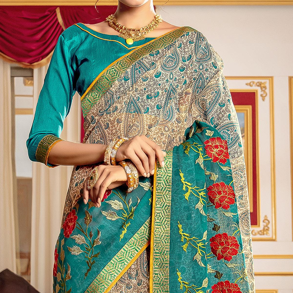 Jazzy Beige - Blue Colored Partywear Embroidered Silk Saree - Peachmode