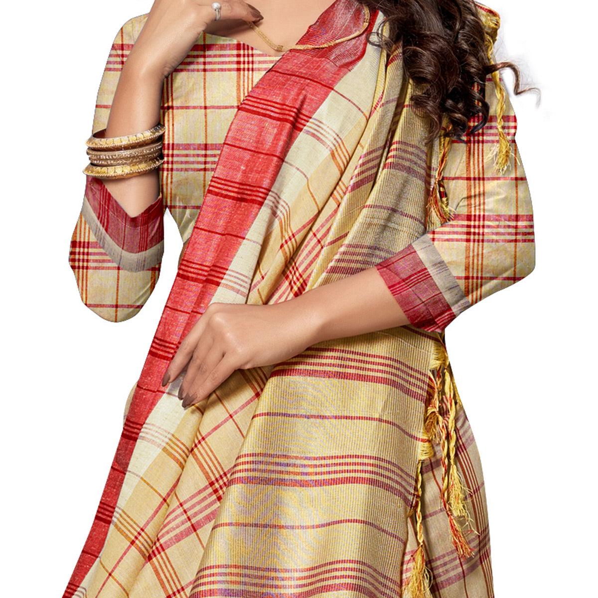 Jazzy Beige Colored Fesive Wear Stripe Print Cotton Silk Saree With Tassels - Peachmode