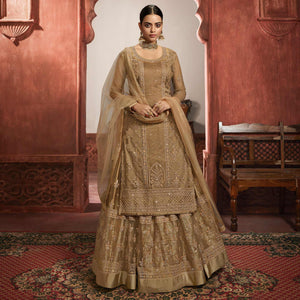 Jazzy Beige Coloured Partywear Embroidered Super Net Sharara Style Salwar Suit - Peachmode