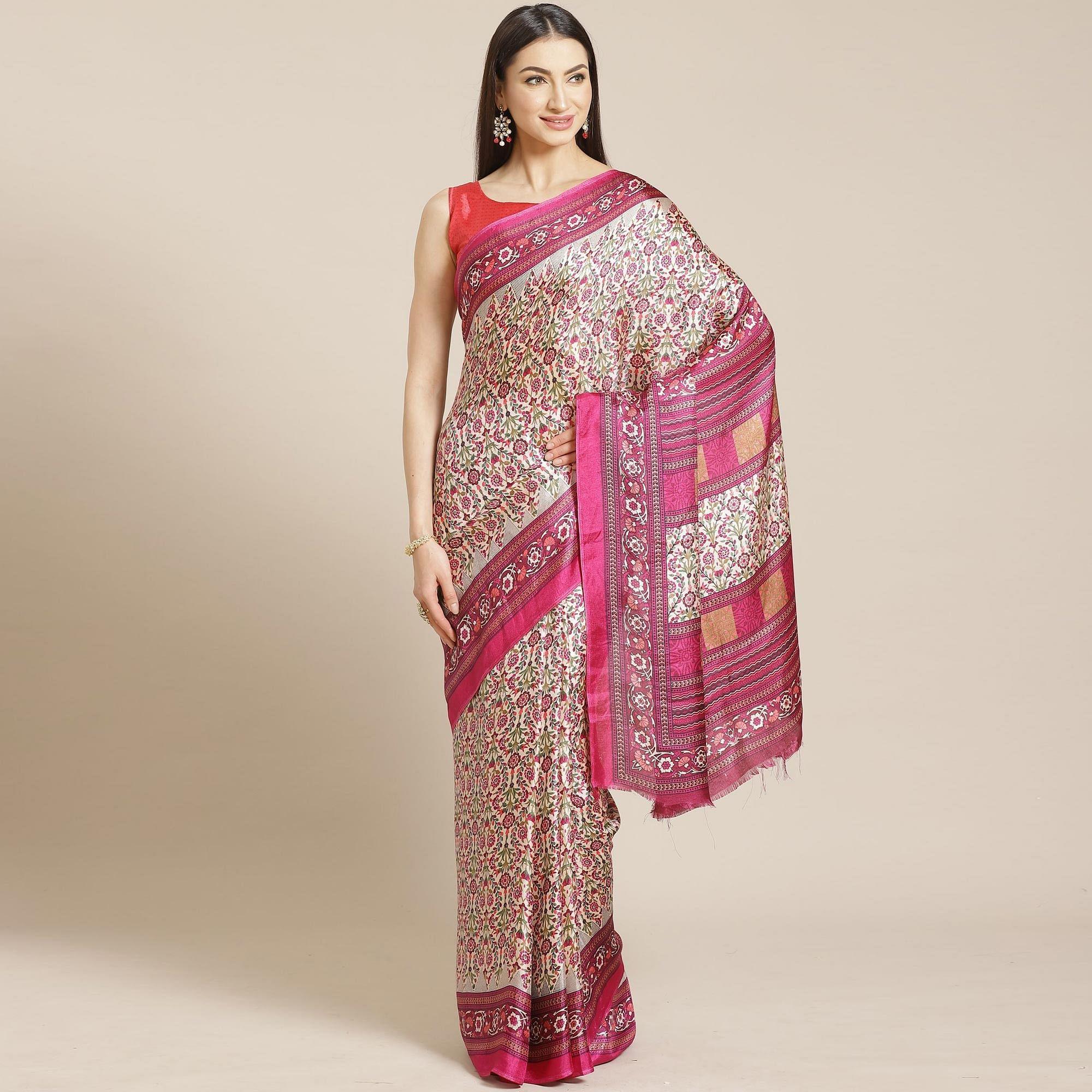 Jazzy Beige - Magenta Colored Casual Wear Printed Silk blend Saree - Peachmode