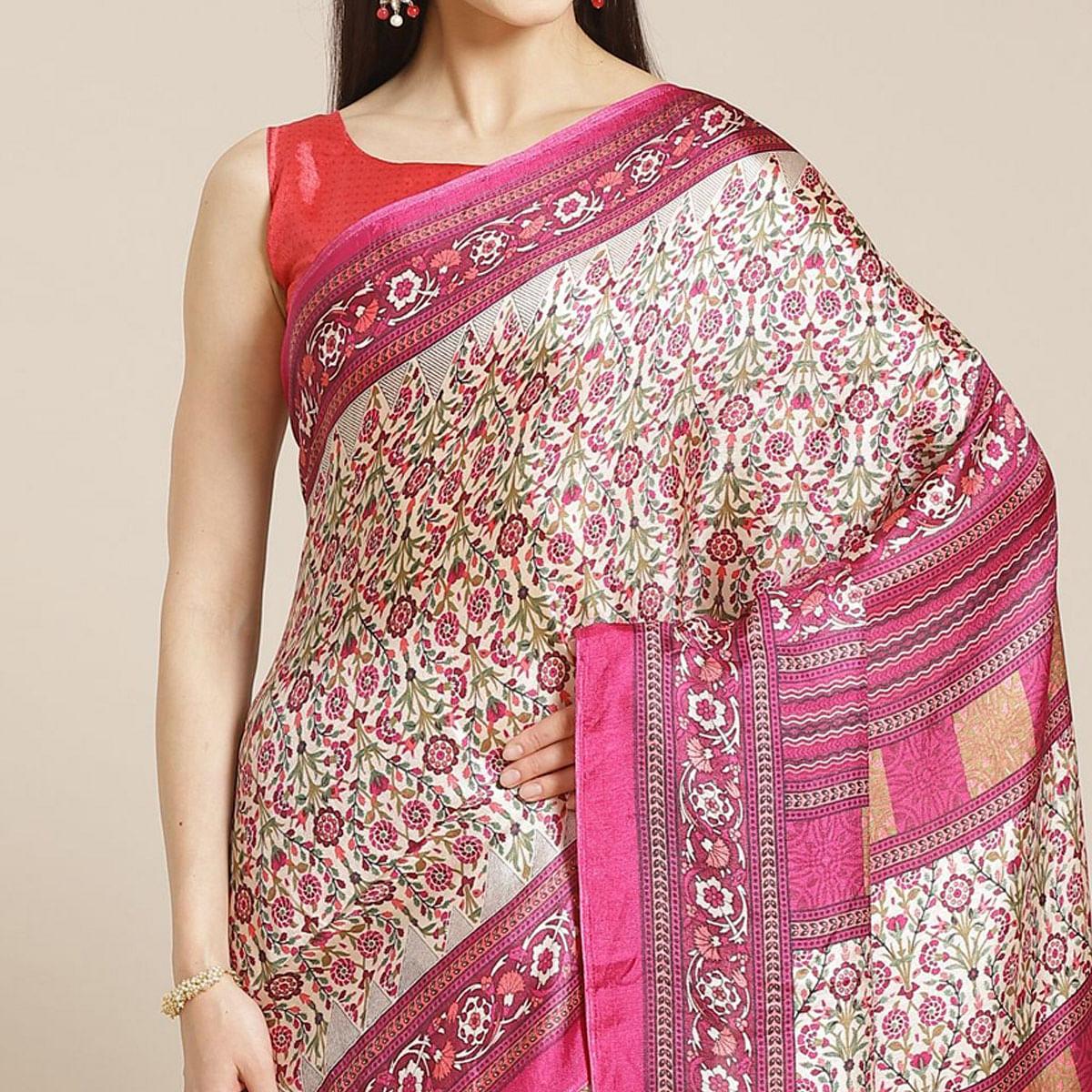 Jazzy Beige - Magenta Colored Casual Wear Printed Silk blend Saree - Peachmode
