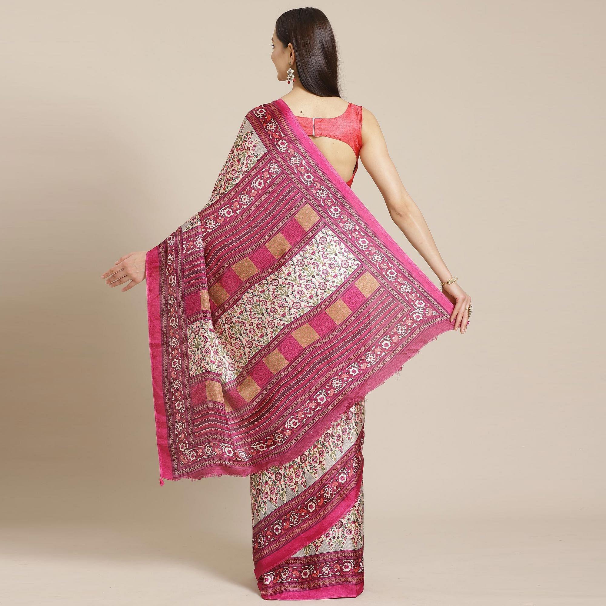 Jazzy Beige - Magenta Colored Casual Wear Printed Silk blend Saree - Peachmode