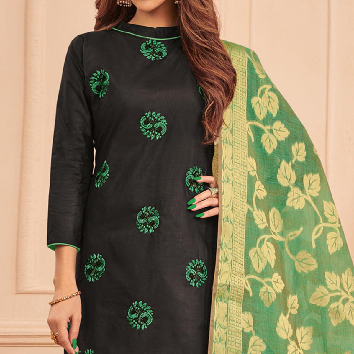 Jazzy Black Colored Casual Wear Embroidered Cotton Dress Material With Banarasi Silk Dupatta - Peachmode
