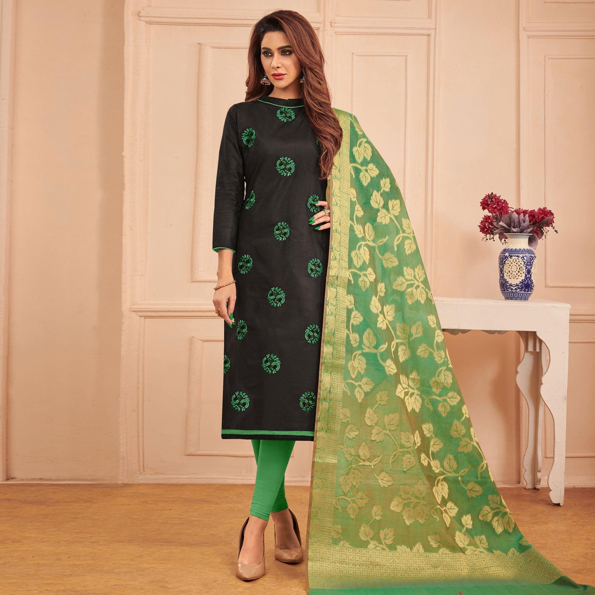 Jazzy Black Colored Casual Wear Embroidered Cotton Dress Material With Banarasi Silk Dupatta - Peachmode