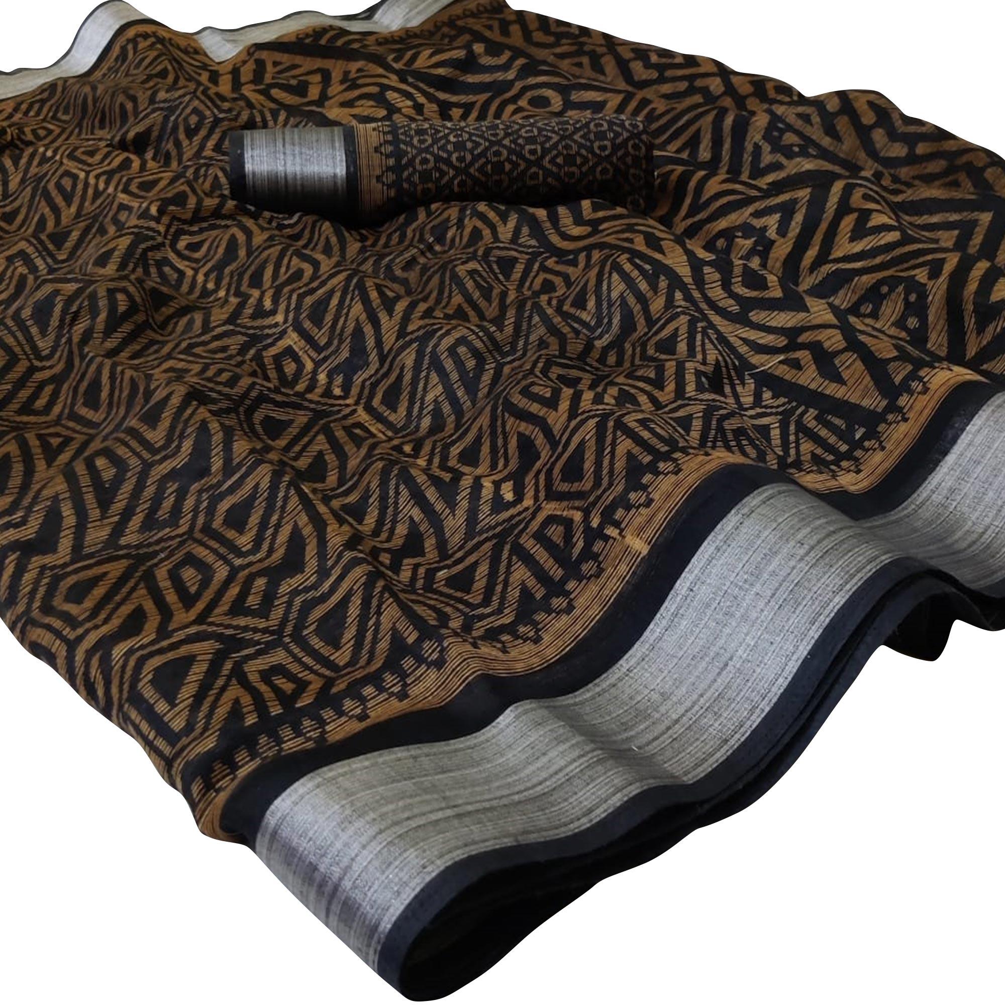 Jazzy Black Colored Casual Wear Floral Printed Linen Saree - Peachmode