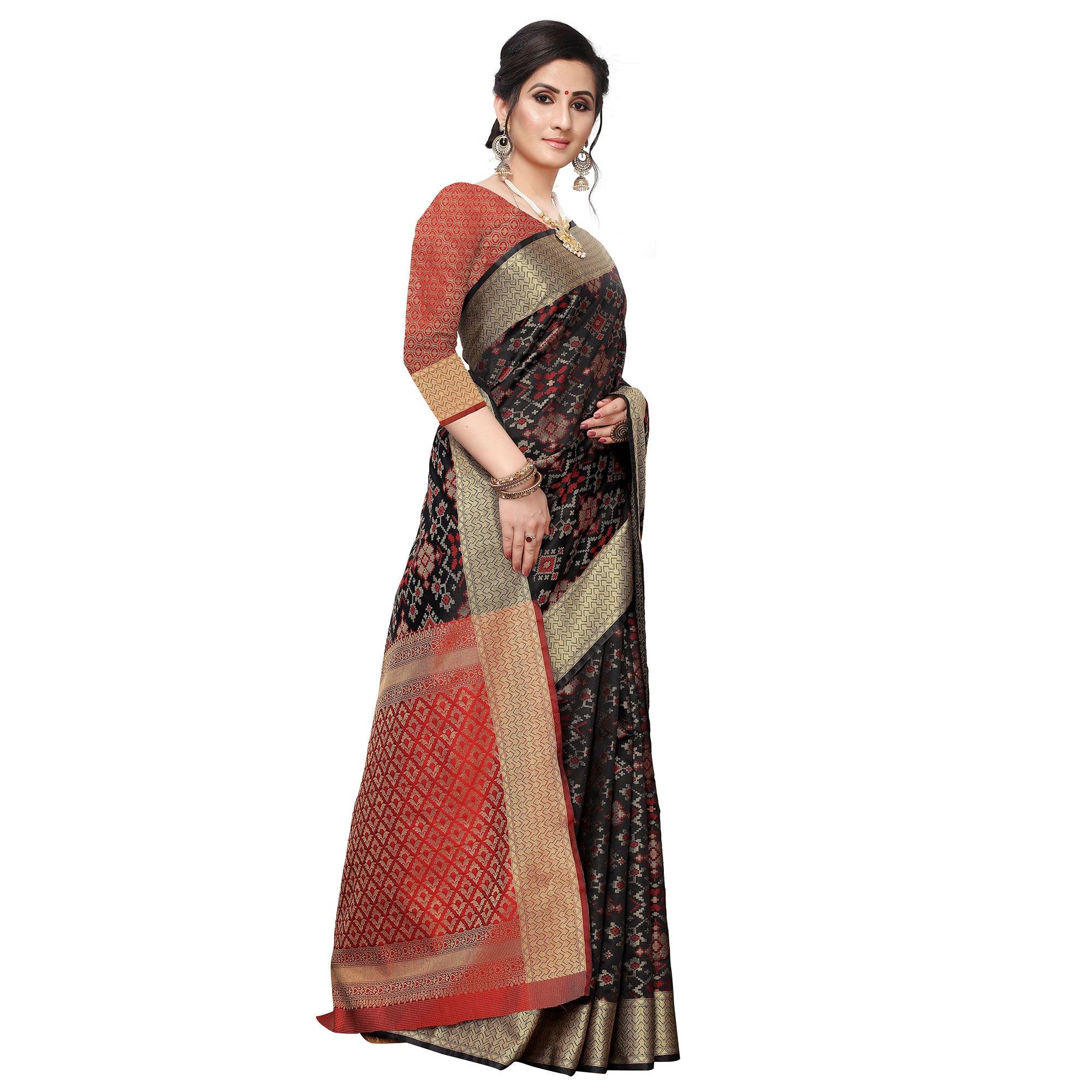 Jazzy Black Colored Festive Wear Woven Kanjivaram Silk Saree - Peachmode