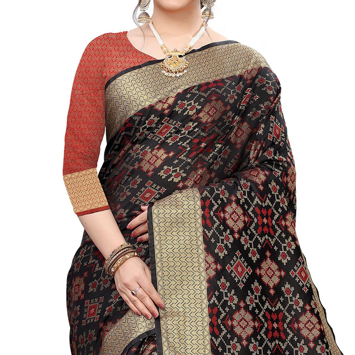 Jazzy Black Colored Festive Wear Woven Kanjivaram Silk Saree - Peachmode