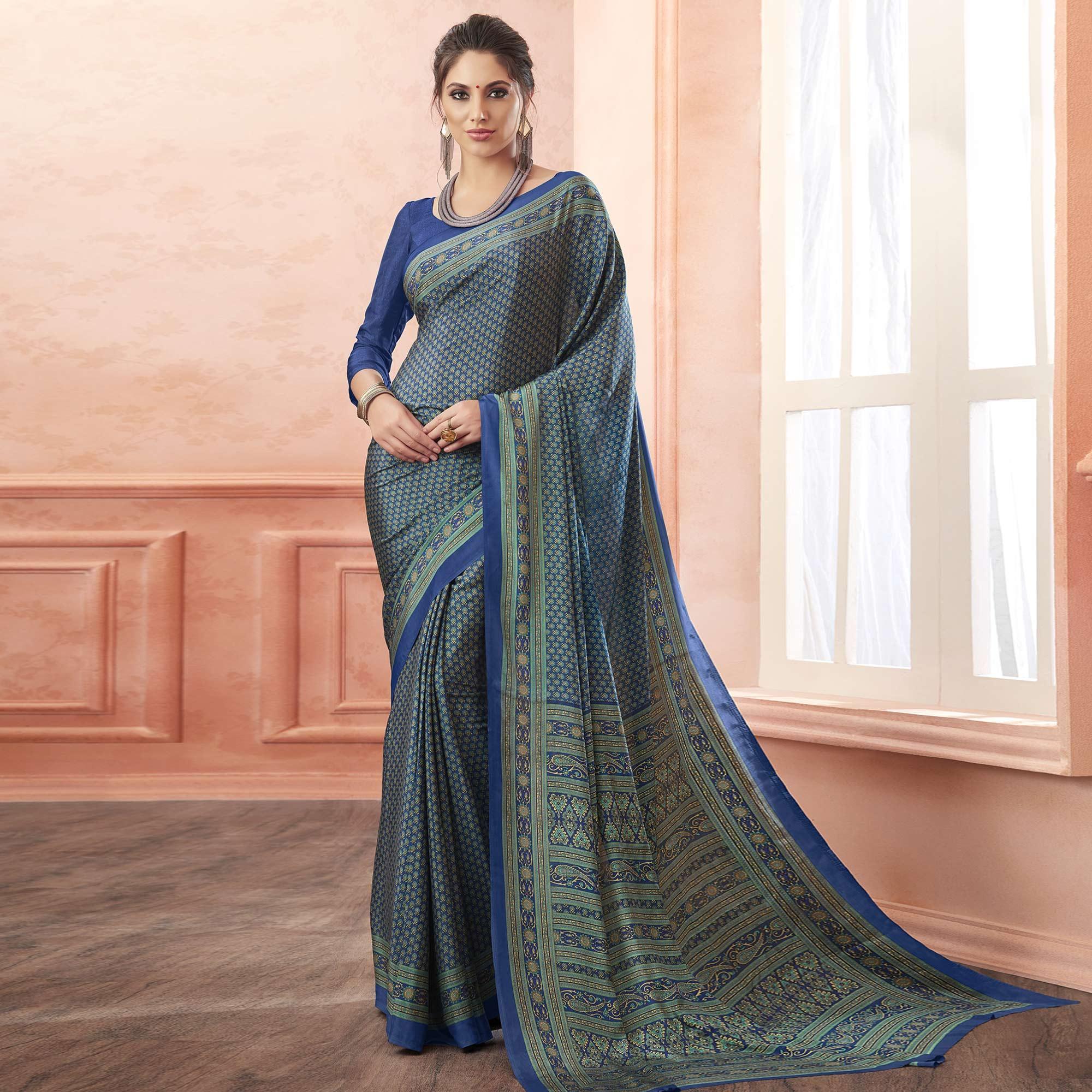 Jazzy Blue Colored Casual Printed Pure Crepe Saree - Peachmode