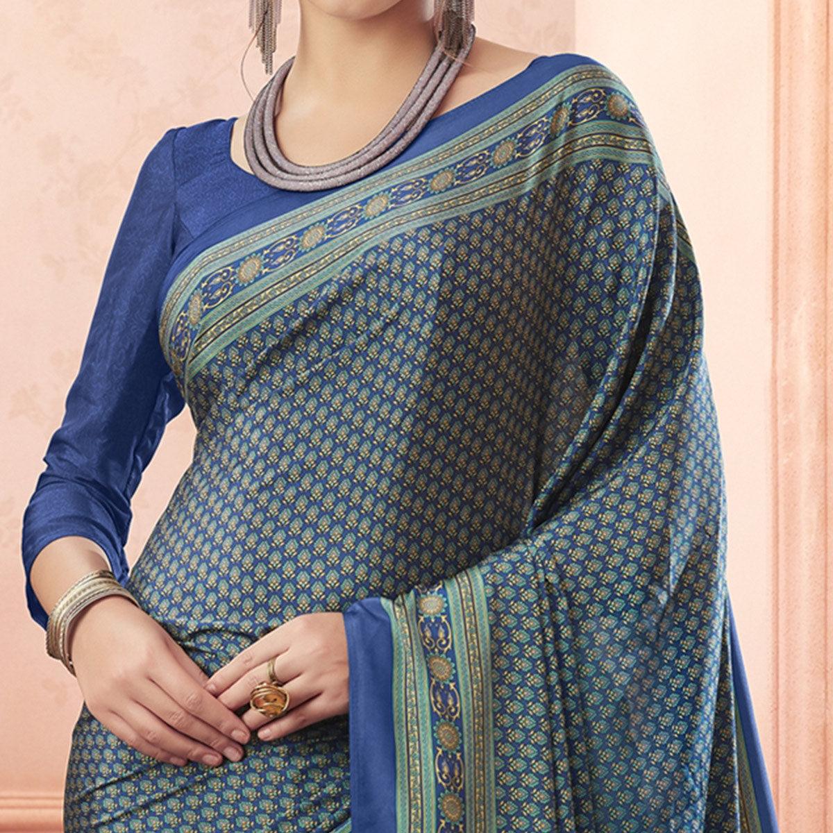 Jazzy Blue Colored Casual Printed Pure Crepe Saree - Peachmode