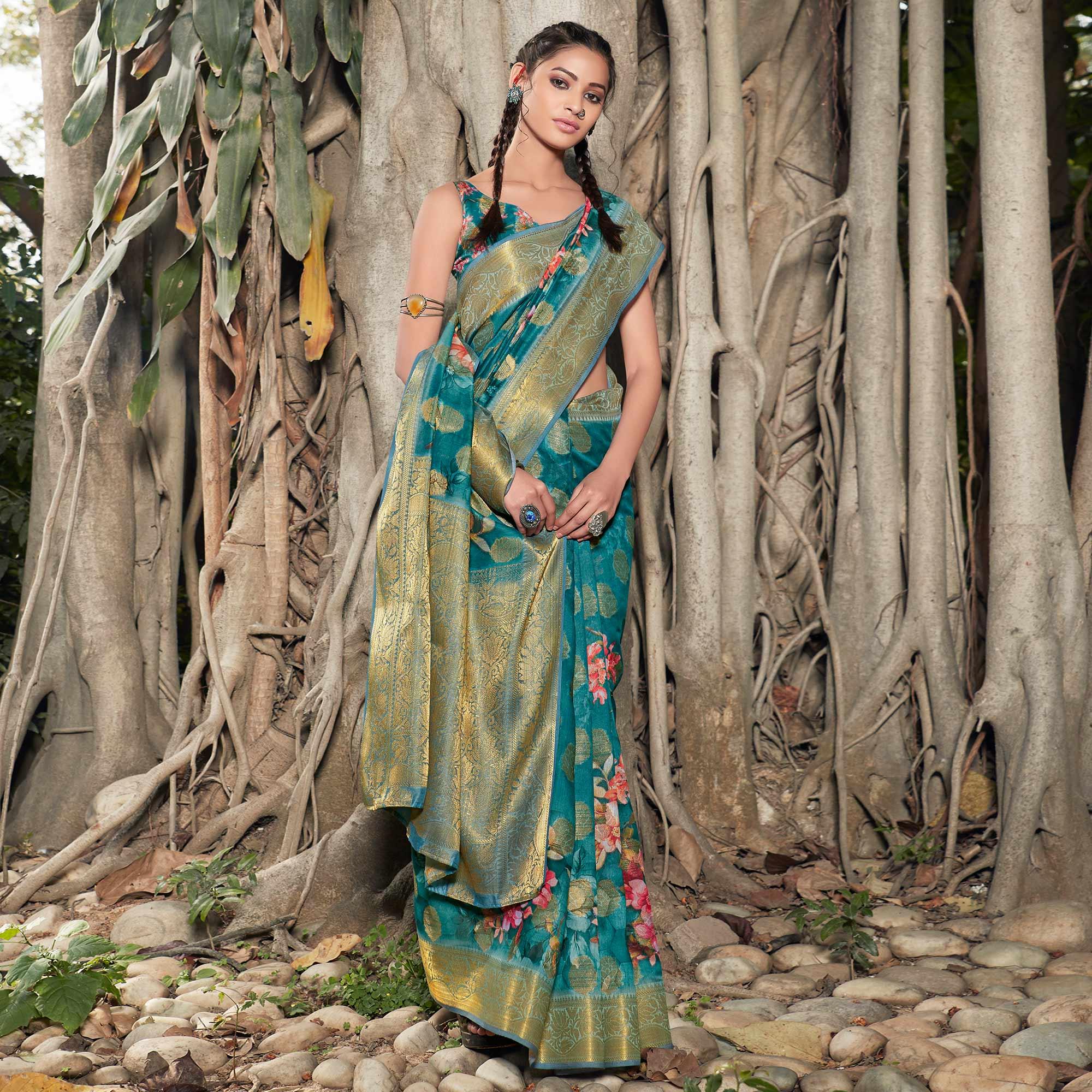 Jazzy Blue Colored Festive Wear Digital Printed Soft Linen Saree - Peachmode