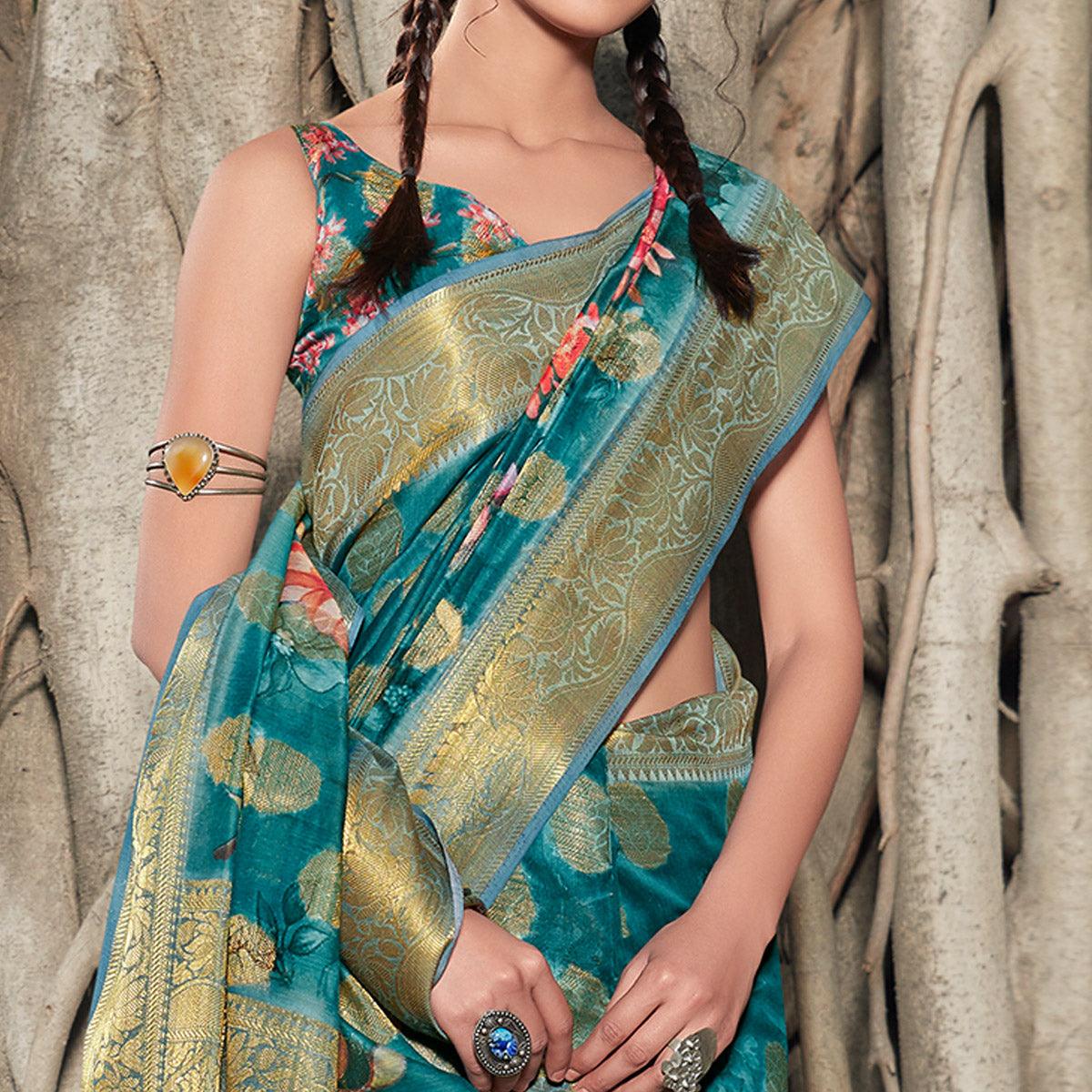 Jazzy Blue Colored Festive Wear Digital Printed Soft Linen Saree - Peachmode