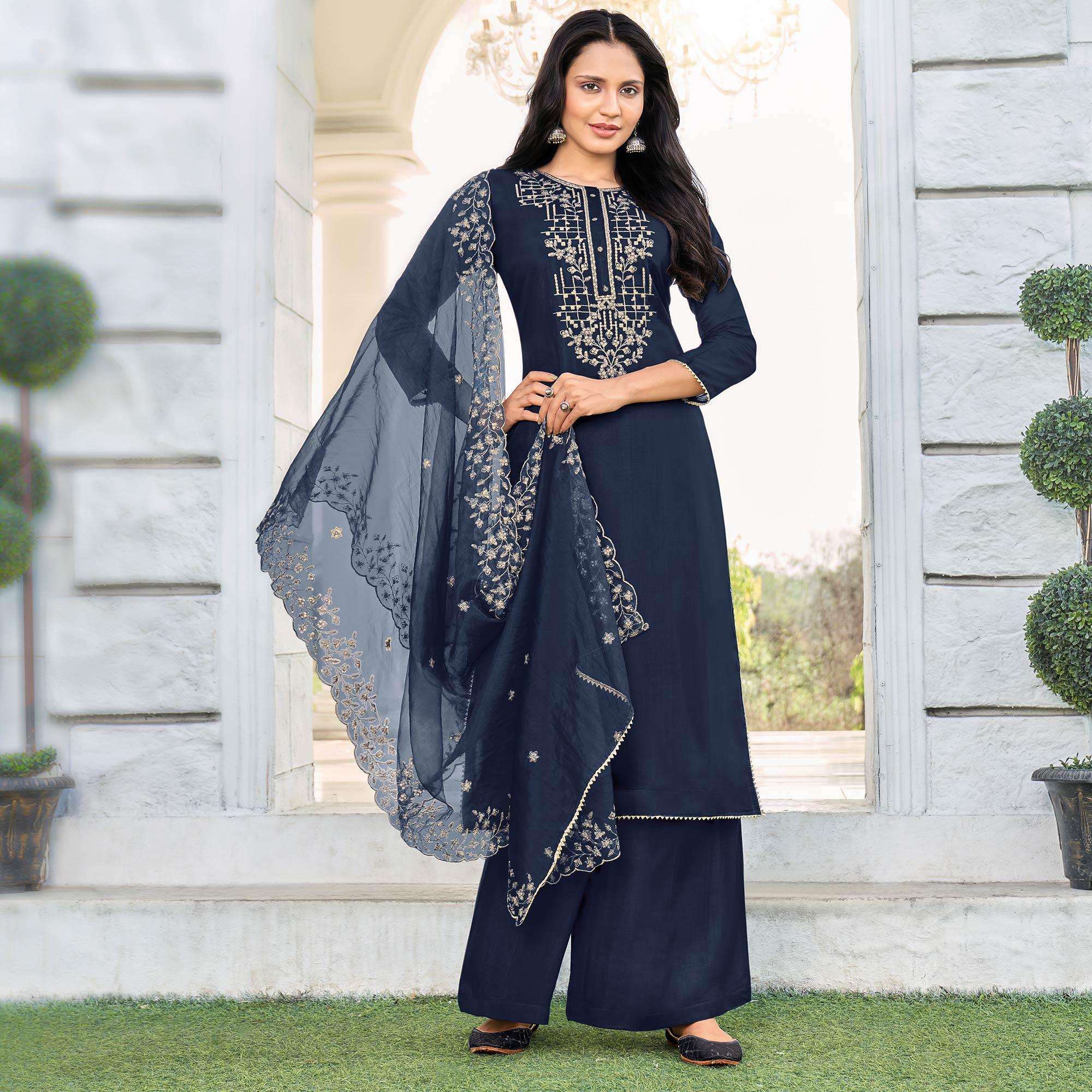 Jazzy Blue Colored Festive Wear Embroidered Art Silk Dress Material - Peachmode
