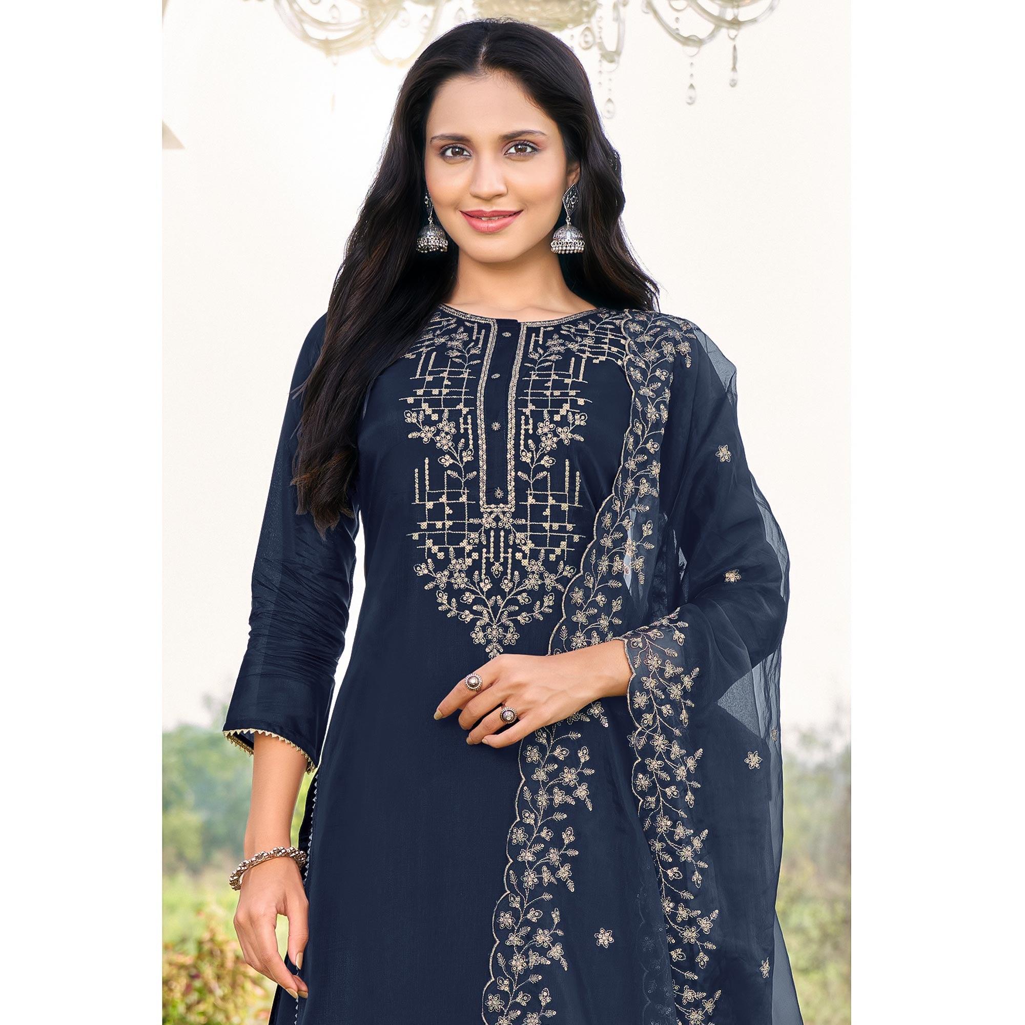 Jazzy Blue Colored Festive Wear Embroidered Art Silk Dress Material - Peachmode