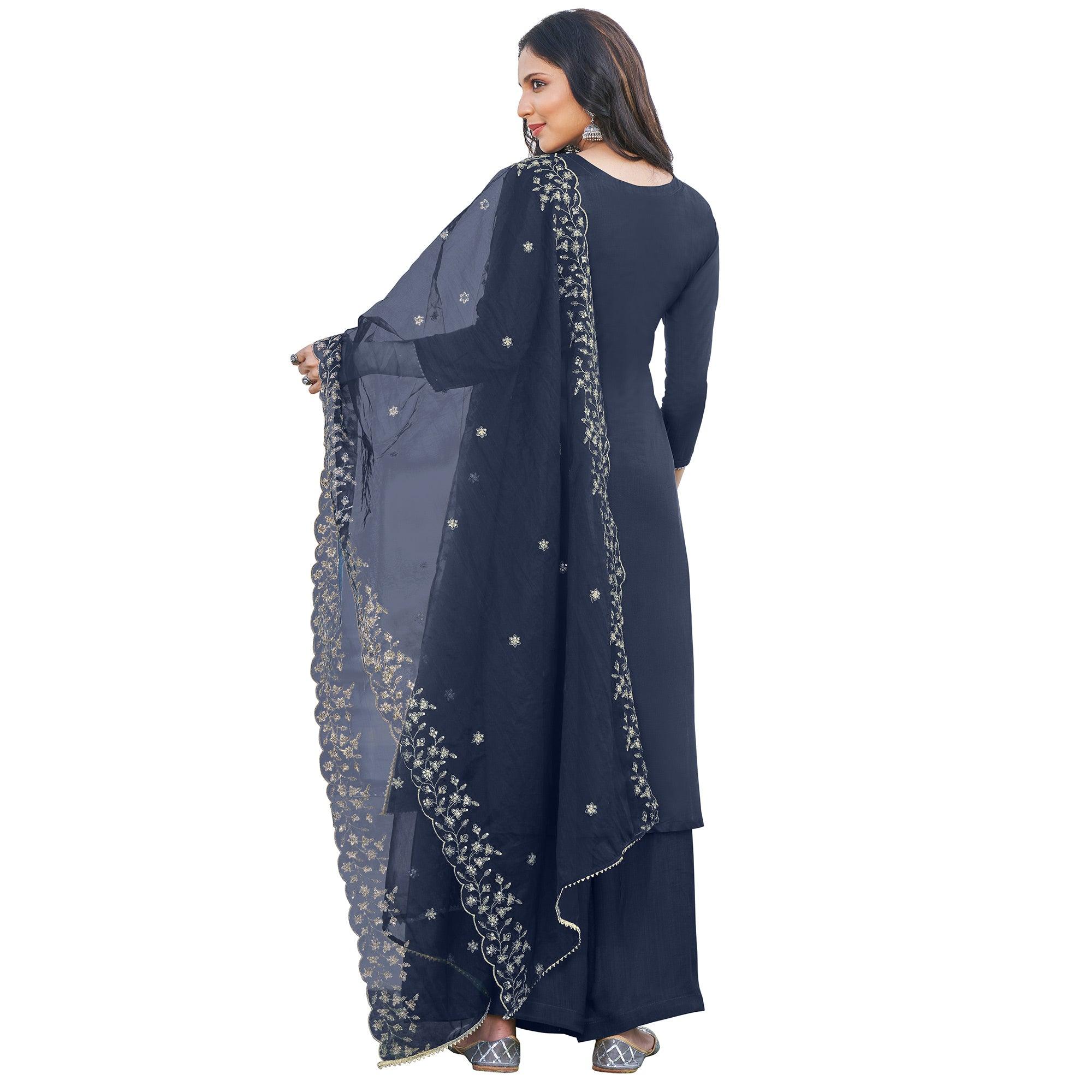 Jazzy Blue Colored Festive Wear Embroidered Art Silk Dress Material - Peachmode