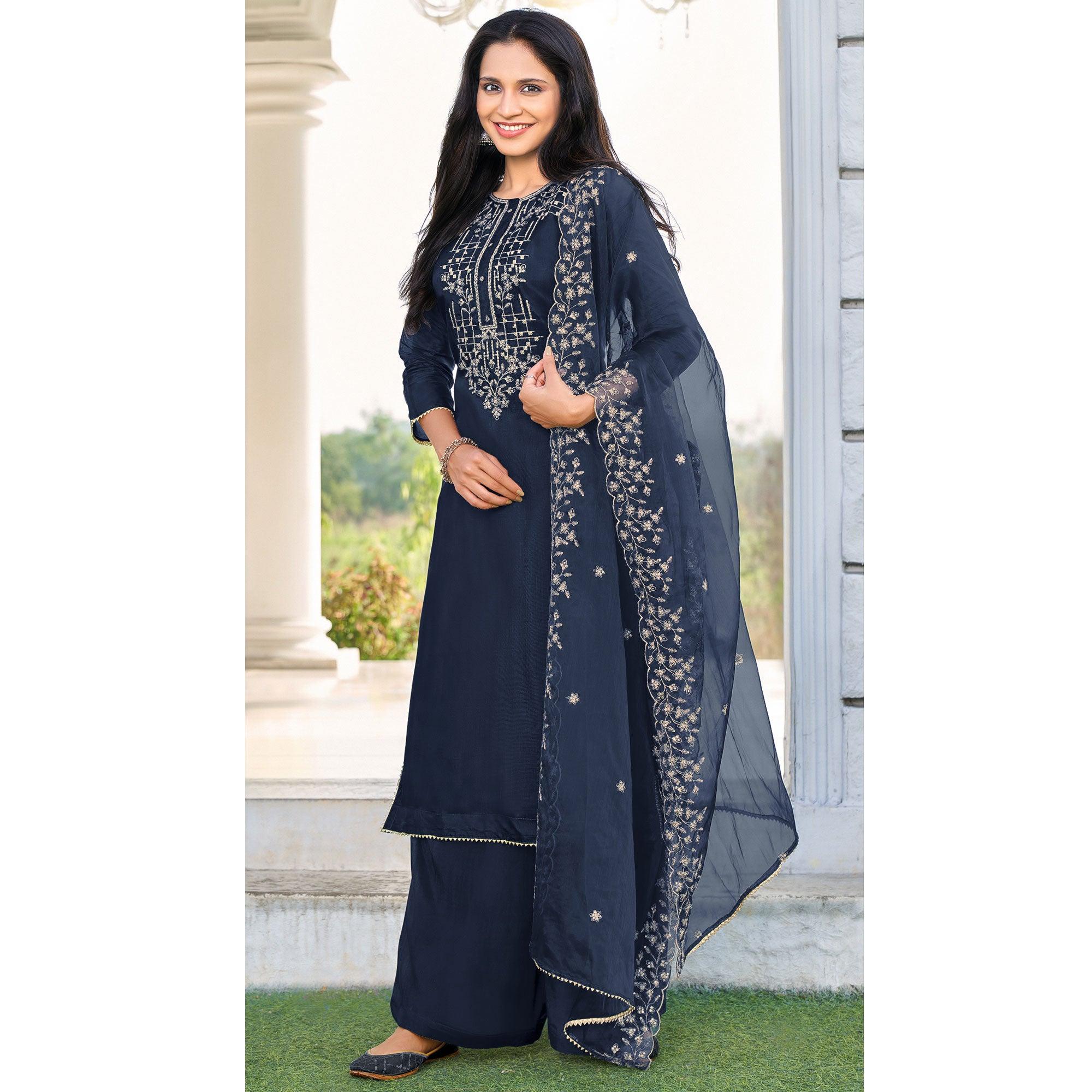 Jazzy Blue Colored Festive Wear Embroidered Art Silk Dress Material - Peachmode