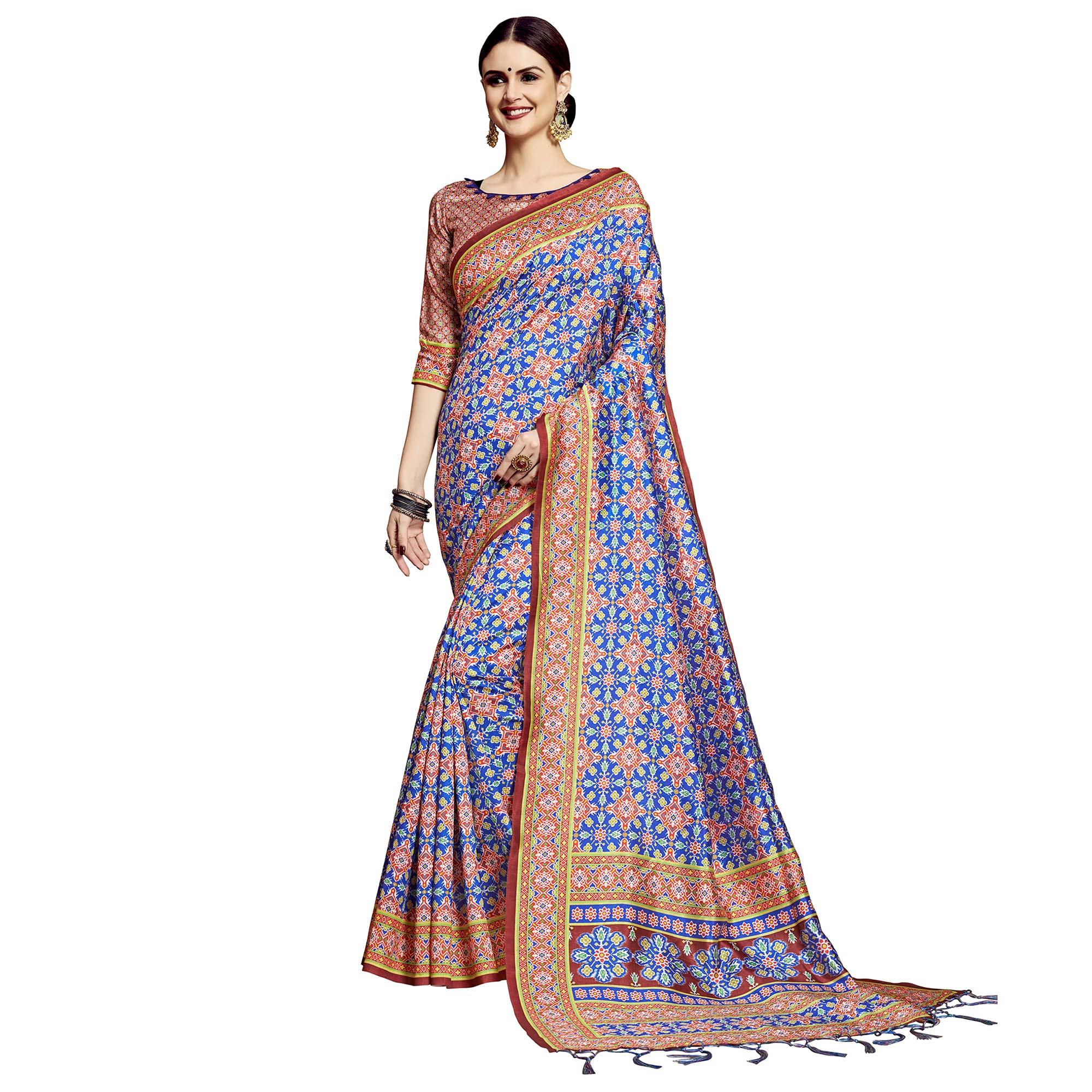 Jazzy Blue Colored Festive Wear Printed Silk Saree - Peachmode